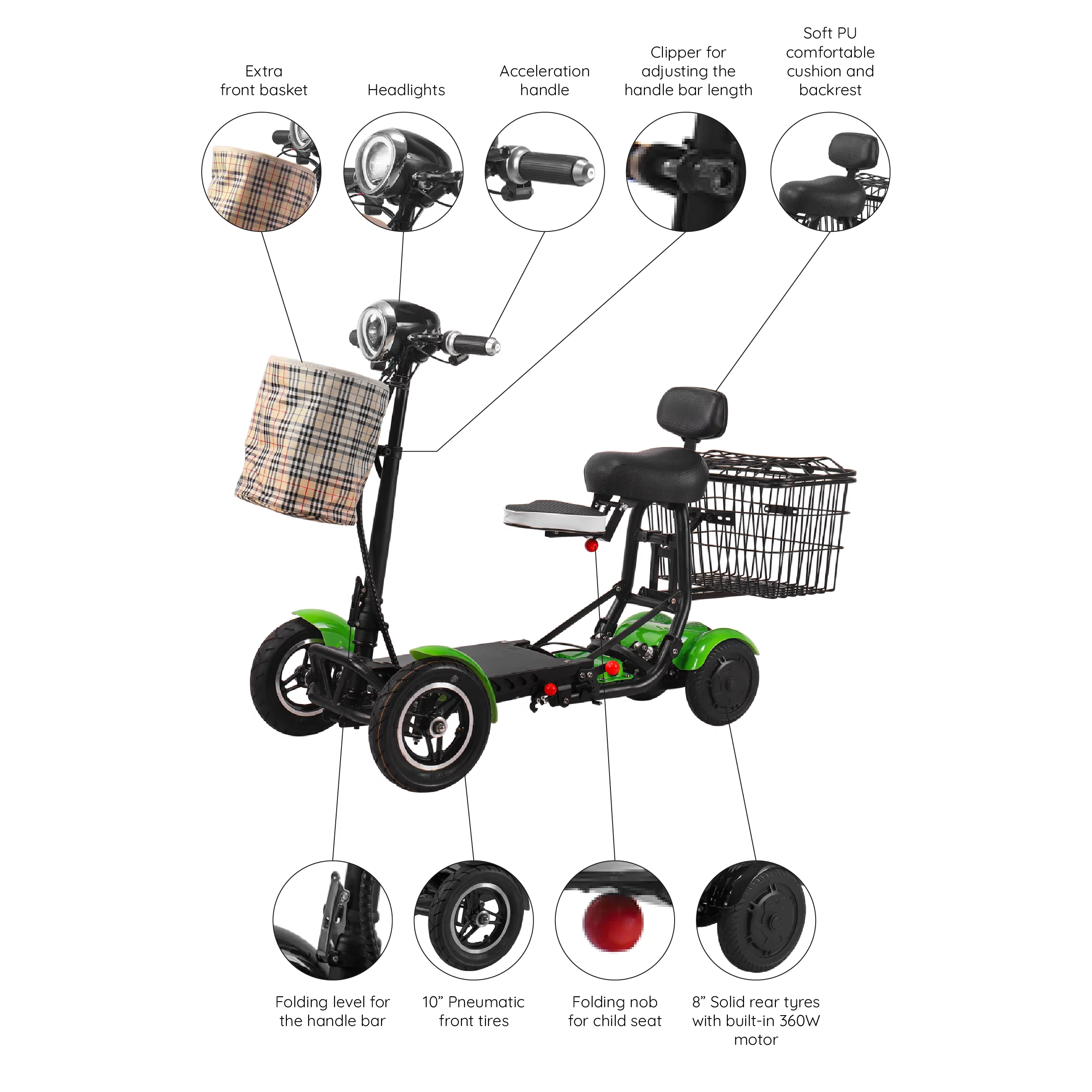 Bangeran Electric Mobility Scooter, 4 Wheel Foldable Portable, Up to 12 Miles - Blue