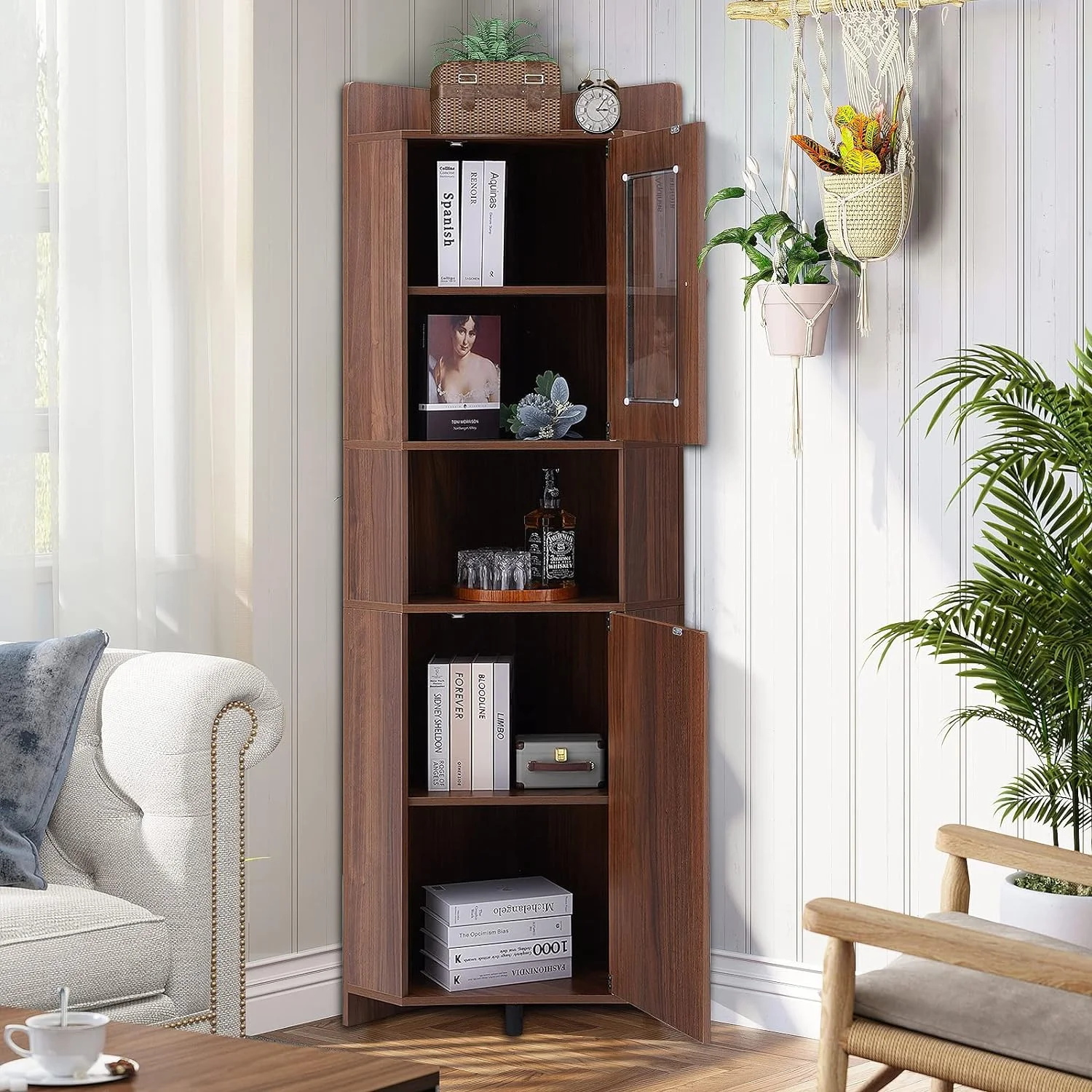 KHBIULIFE Corner Cabinet with Doors Tall Glass Display Cabinets Free Standing Corner  Cabinet for Living Room  Home Office  Kitchen