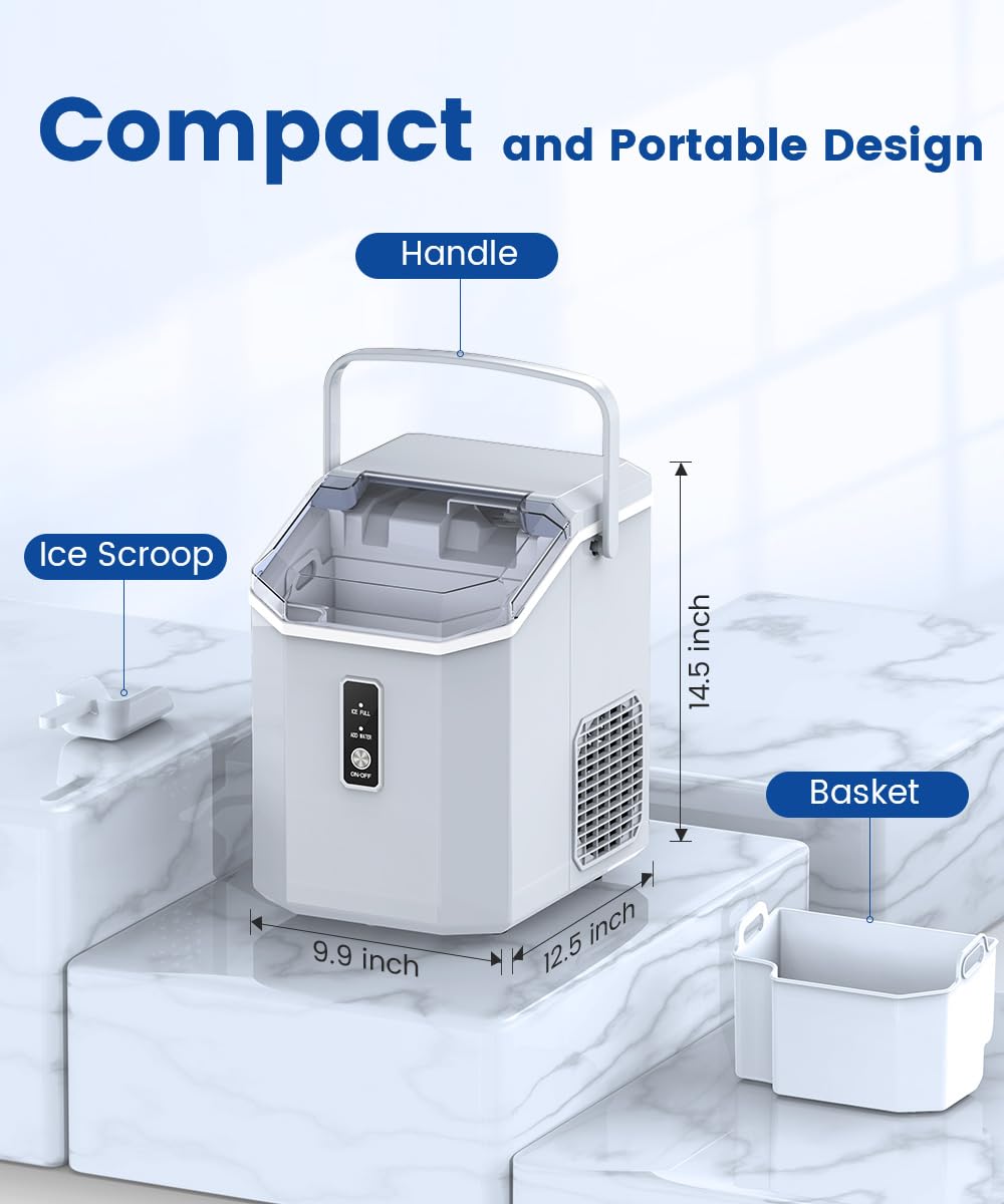 COWSAR Ice Maker, Nugget Ice Maker Machine, Portable Ice Machine with Self-Cleaning, 34Lbs/Day, Ice Makers Countertop with Handle, Ice Scoop and Basket for Home Office Party