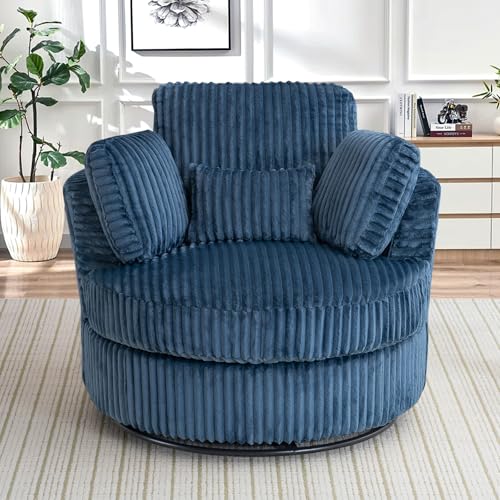 Chair and A Half with Ottoman, 360° Swivel Accent Barrel Chair Modern Comfy Round Reading Sofa Swivel Chairs Circle Lounge Chair for Bedroom Living Room w/4 Pillow Lower Seating Heigh (White, Large)