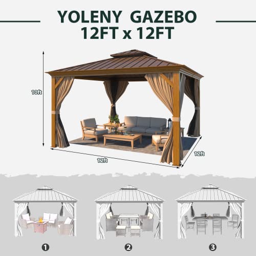 YOLENY 10' x 12' Hardtop Gazebo, Wood-Looking Gazebo with Galvanized Steel Double Roof, Aluminum Frame, Permanent Metal Pavilion with Netting and Curtains for Deck, Backyard, Patio and Lawns