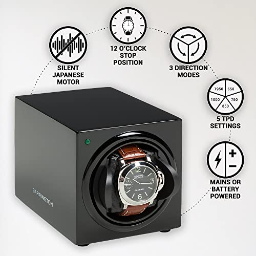 BARRINGTON Single Watch Winder for Automatic Watches with Silent Japanese Motor | Watch Winder for Luxury Brands | Adjustable TPD 650-1950 | AC Operated | Battery Backup