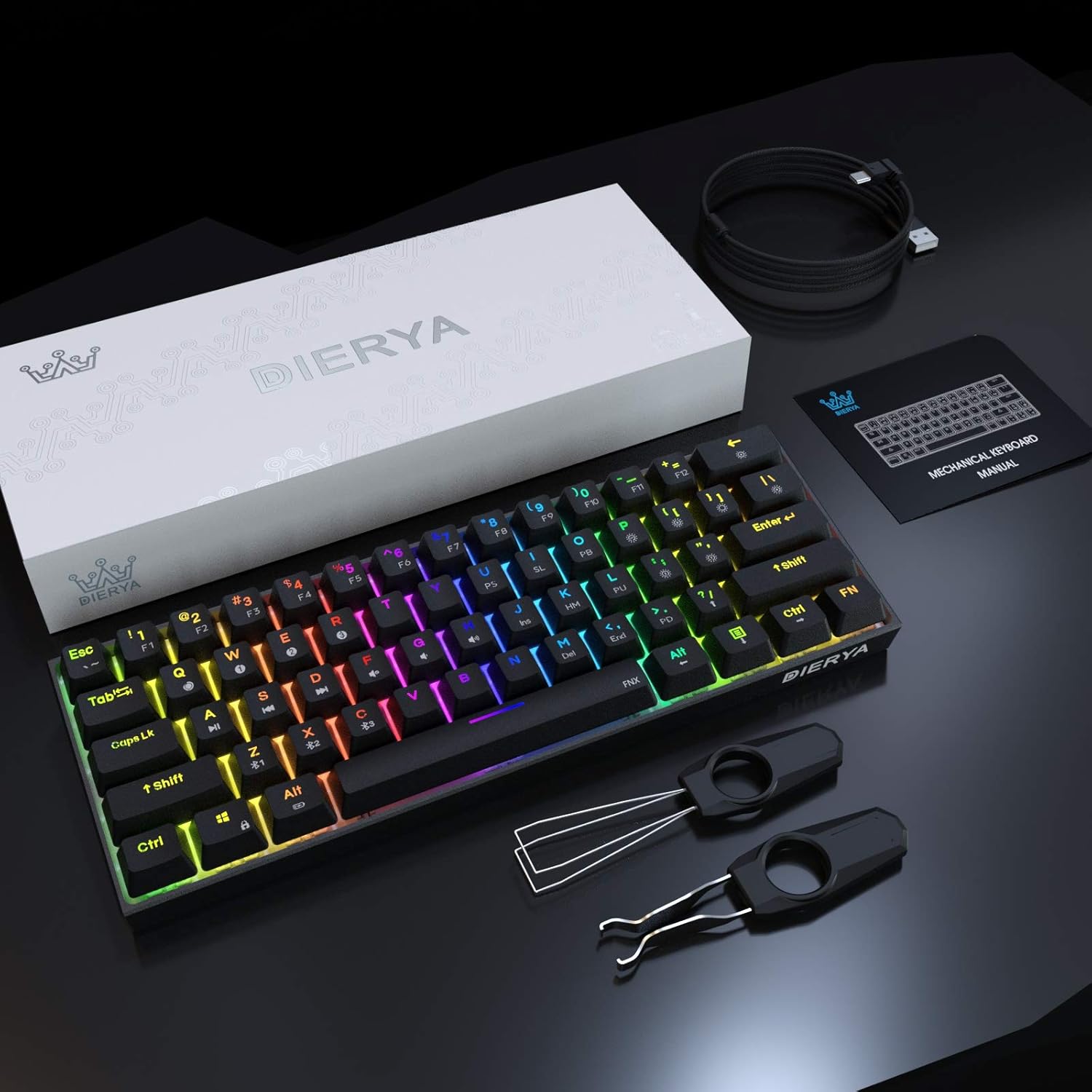 Dierya DK61 Pro 60% Mechanical Gaming Keyboard, Wired/Wireless/Bluetooth Keyboard, 61 Keys RGB Backlit Mini Keyboard, PBT Keycap Mini Keyboard with Full Keys Programmable(Gateron Optical Red Switch)