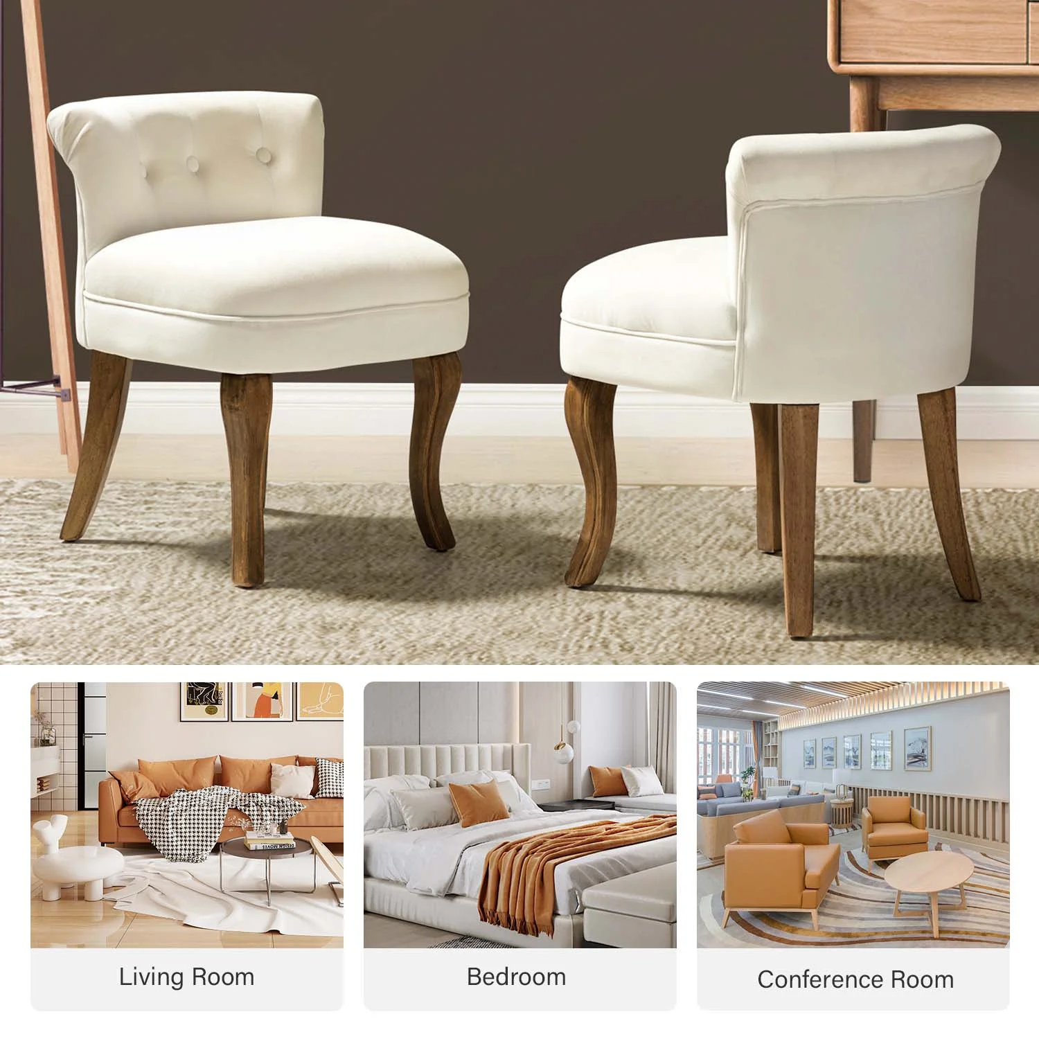 Makeup Vanity Stool Dressing Table Accent Chair Velvet Tufted Upholstered Cushioned Wood Leg Home Bedroom Living Room Ivory