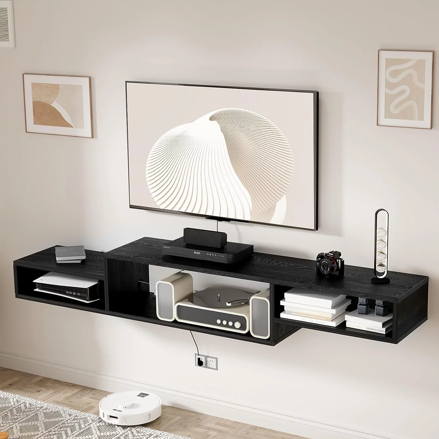 Floating TV Stand Wall Mounted with Power Outlet 59", Floating Entertainment Center, Wood Media Console Shelf for Under TV Storage for Living Room Bedroom Office, Black