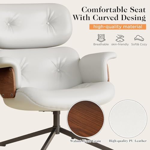 Mid Century Recliner Swivel Chair with Ottoman, Ergonomic Armchair with Comfy Cushion, Walnut Wood Base, PU Leather, Heavy Duty Support for Living Room, Black