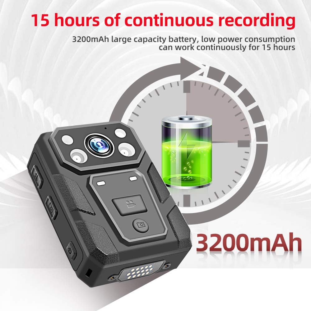 CAMMHD 1296P HD Police Body Camera with 2 Inch Display, Waterproof Body-Worn Camera, Wearable Camera, Portable HD Body Camera, IR Night Vision, Built-in Battery, 64GB Memory