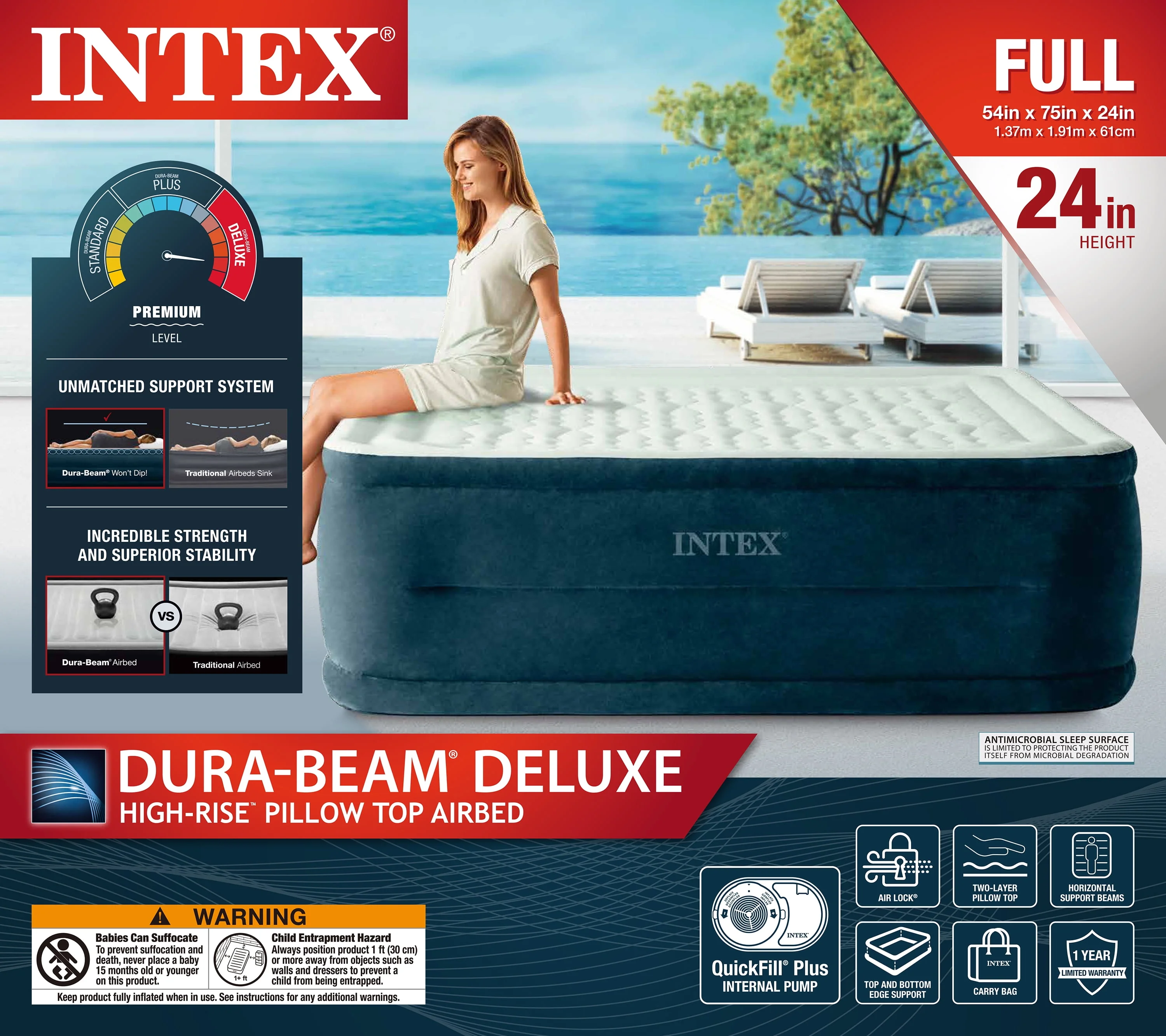 Intex 24 Dream Lux Pillow Top Dura-Beam Airbed Mattress with Internal Pump - Full