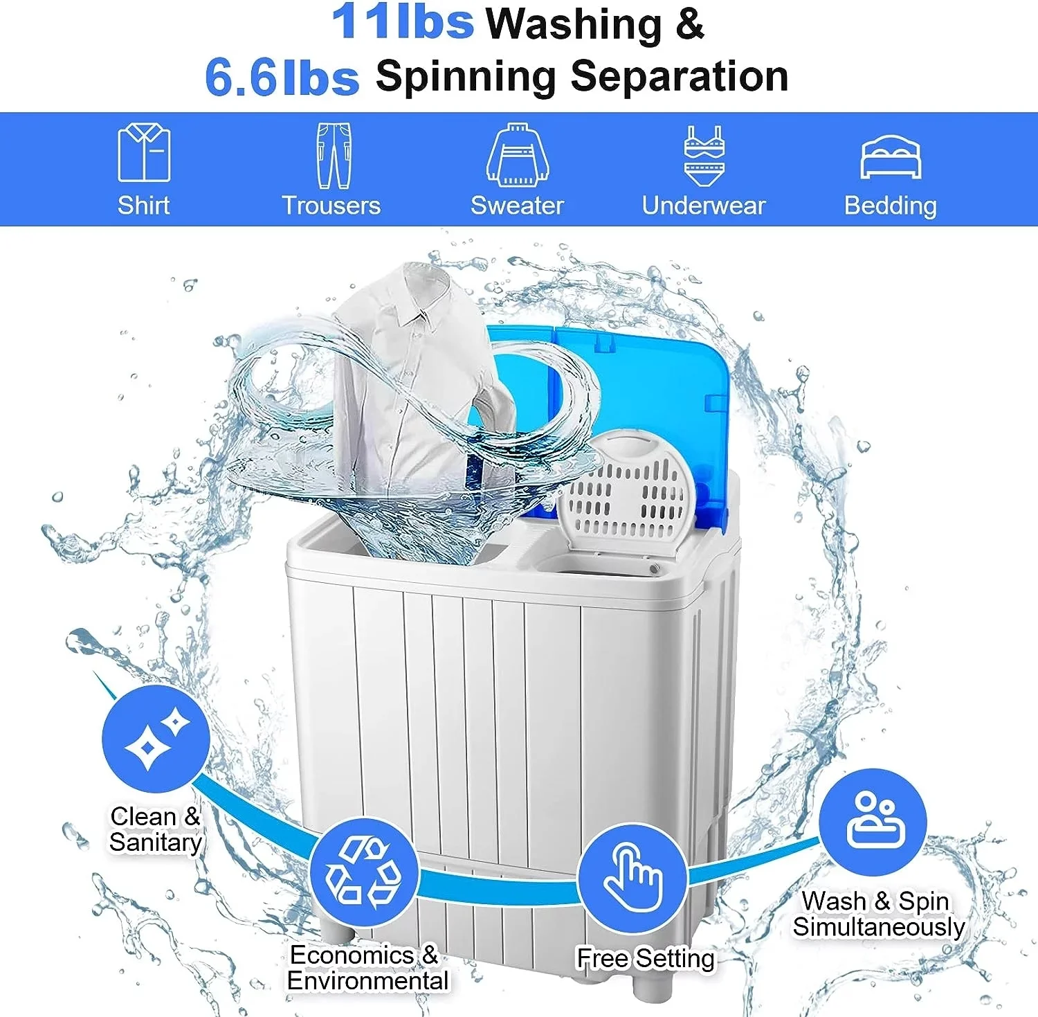 Qhomic Mini Washing Machine, 11lbs Washer & 6.6lbs Spin Dryer Combo Washing Machine, Compact Washer Machine with Drain Pump&Time for dorm, RV's, Home