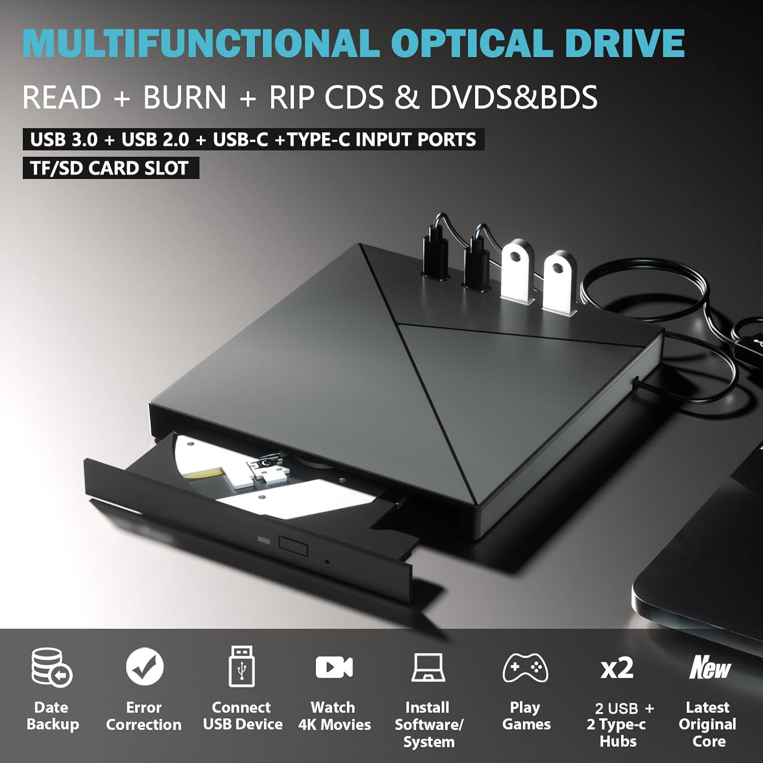 7 in 1 External Blu Ray Drive, 4k Blu Ray Burner with USB 3.0 Type-C Portable Blu Ray Drive, CD DVD Burner 3D BD Player with SD/TF Ports, 4k Optical Drive Compatible with Windows MacOS Laptop Desktop
