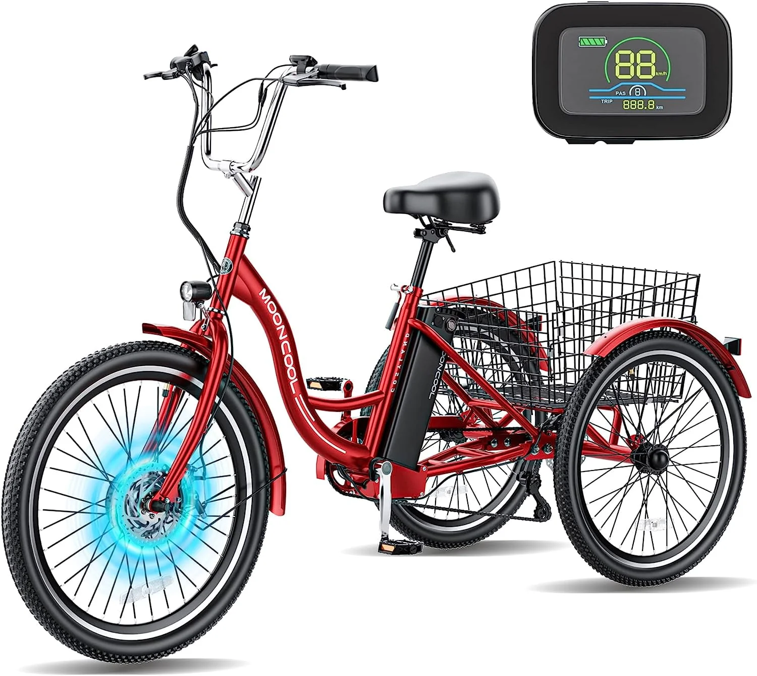 MOONCOOL 24/26 Electric Tricycle for Adults, 350W 36V 7 Speeds Electric Trike Motorized Three Wheel Electric Bikes Bicycle with Large Basket for Women Men