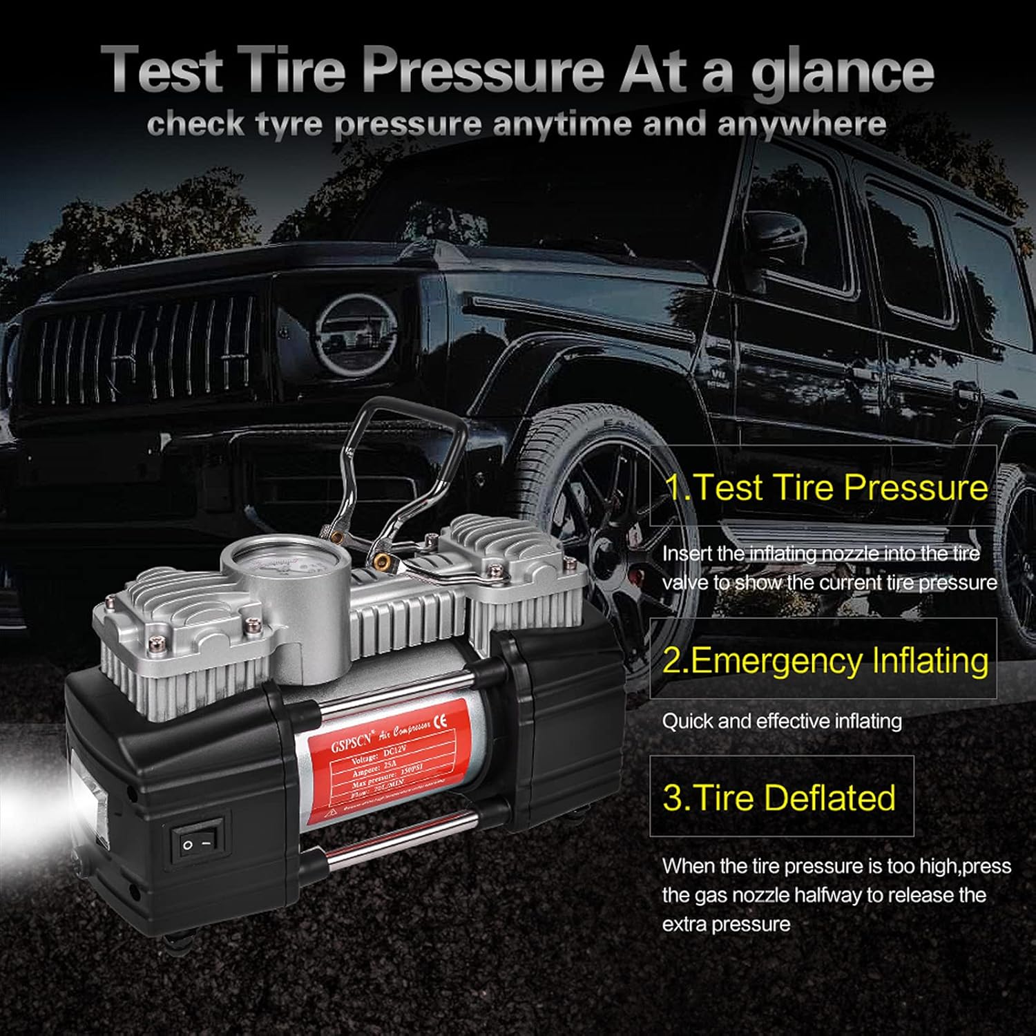 GSPSCN Portable Tire Inflator Double Cylinder Air Compressor Pump with LED Light, 12V Air Pump for Car Tires, 150 PSI Heavy-Duty Metal Tire Pump with Locking Air Chuck for Auto,SUV,RV,Truck,Balls Pack of 2