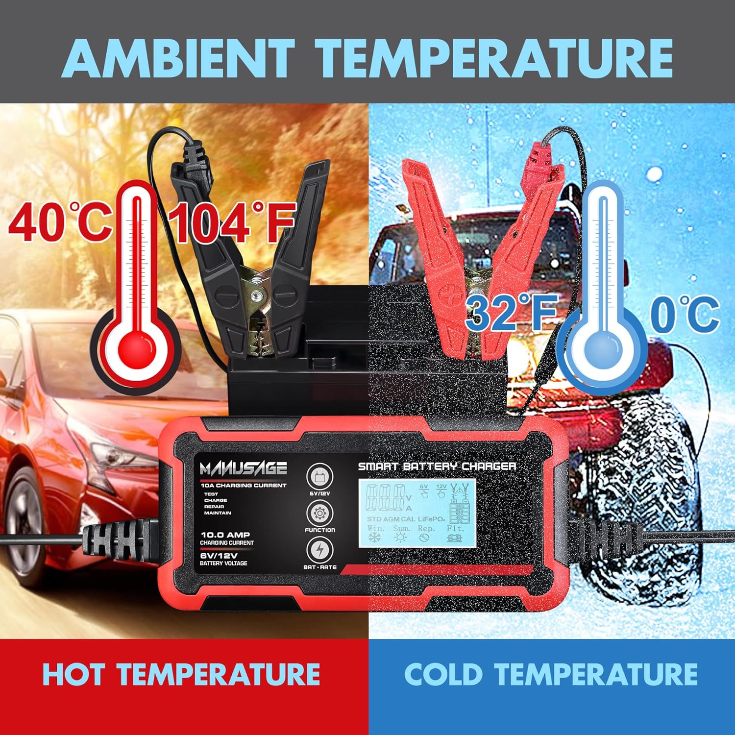 Manusage 10-Amp Fully-Automatic Smart Charger, 6V and 12V Portable Battery Charger, Battery Maintainer, Trickle Charger, and Battery Desulfator with Temperature Compensation