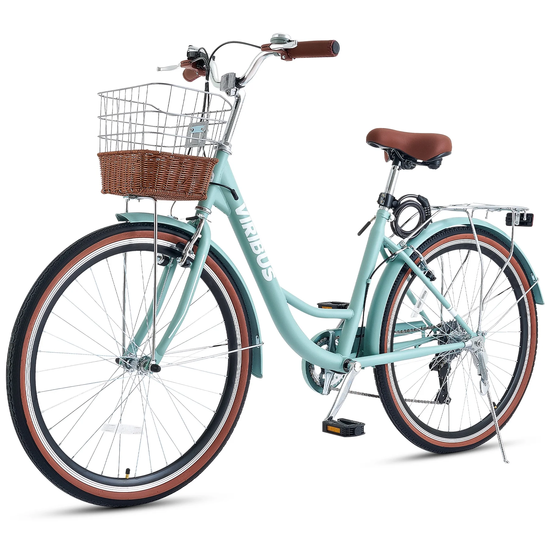 Women's Bike 24 Inch Beach & City Cruiser Bicycle with 7 Speed Basket Mint