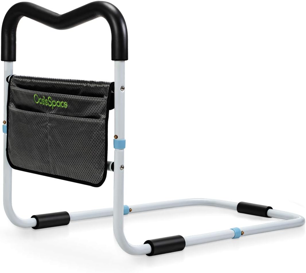 OasisSpace Bed Rail for Seniors, Medical Bed Assist Bar with Storage Pocket and Fall Prevention Safety Hand Guard Grab Bar for Elderly, Handicap- Fit King, Queen, Full, Twin Pack of 2