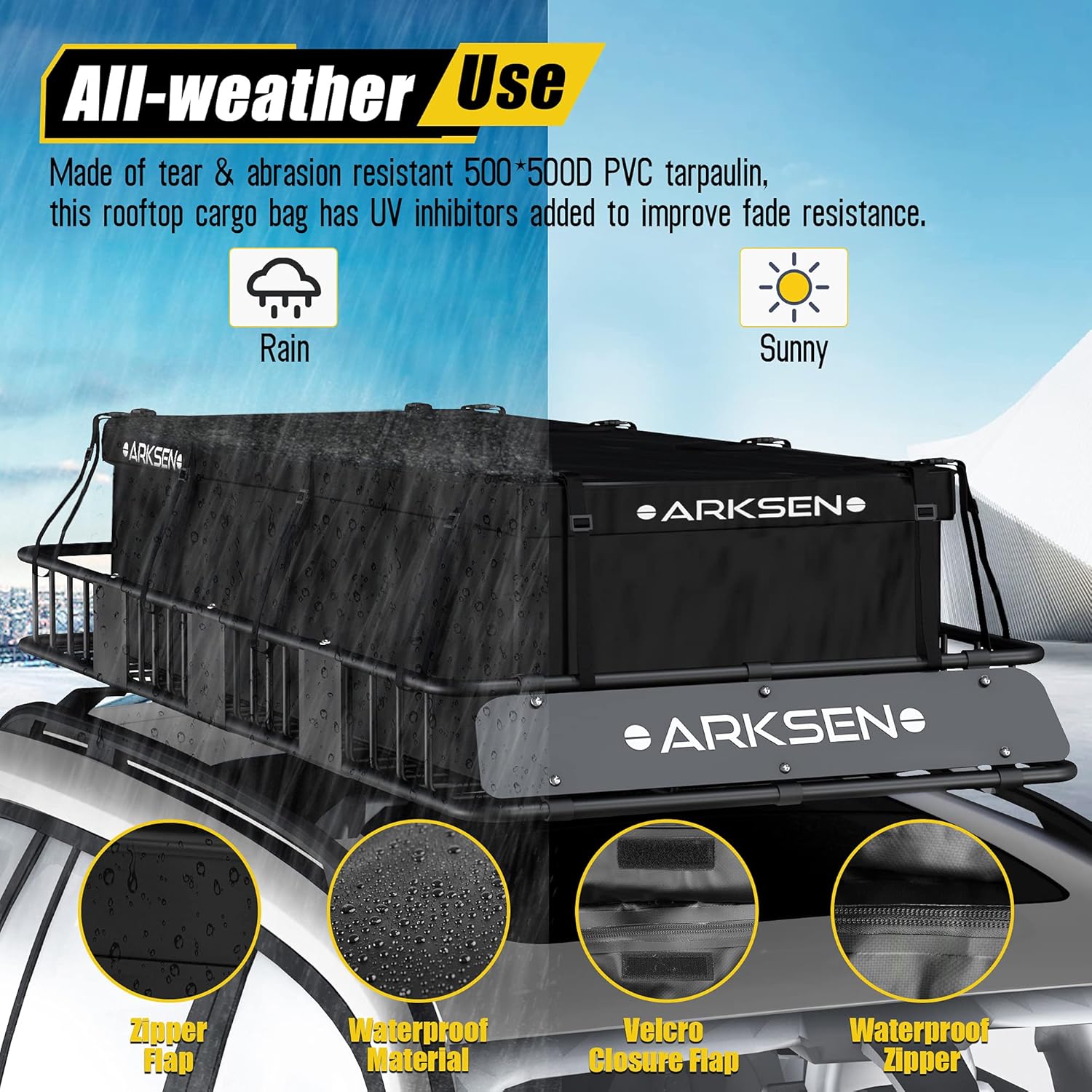 ARKSEN 84 Inch Universal Roof Rack Cargo Basket with Extension Soft-Shell Rooftop Cargo Carrier with Waterproof Car Roof Bag for SUV, Trucks, & Cars - Black