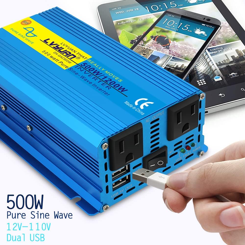 LVYUAN Pure Sine Wave Inverter 1600 Watts Inverter 12V to 110V DC to AC with Remote Controller, LCD Display 4 AC Sockets and 4 USB Ports for Car Truck Solar Power (PSW1600W-GREEN)