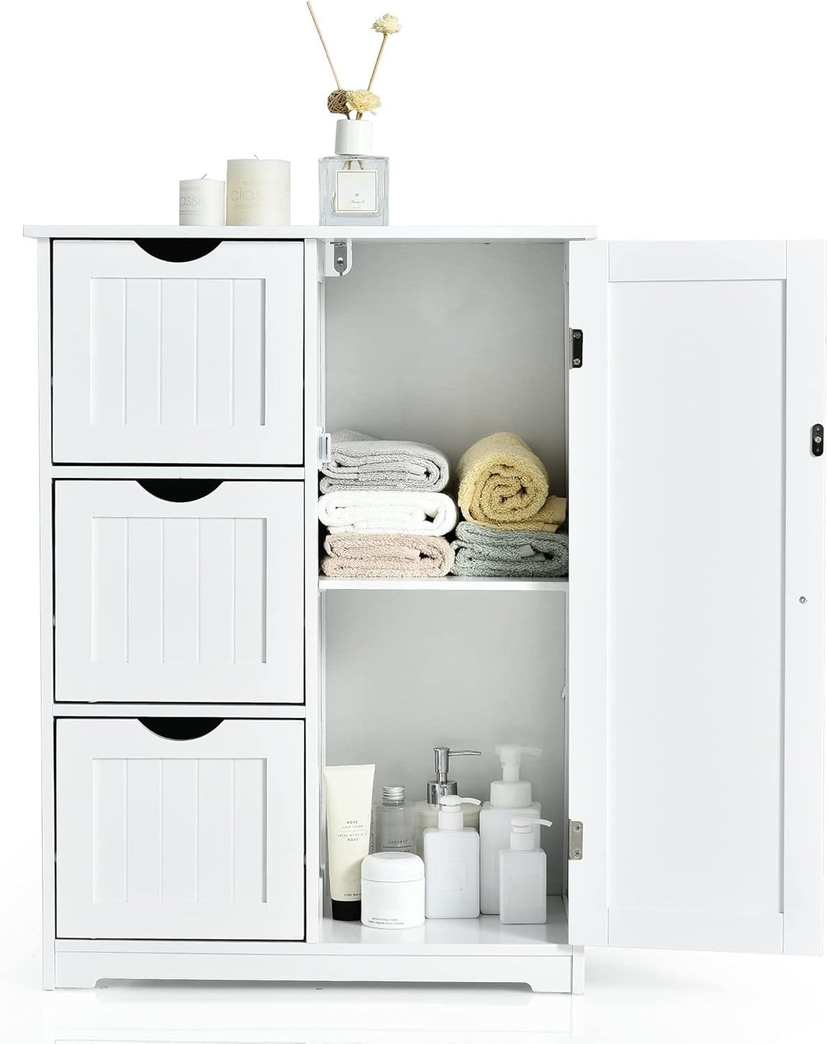 LOKO Bathroom Floor Cabinet, Freestanding Storage Cabinet with Adjustable Shelf and Three Drawers for Bathroom, Living Room, Kitchen, Dining Room or Entryway, 24 x 12 x 32 inches (White)