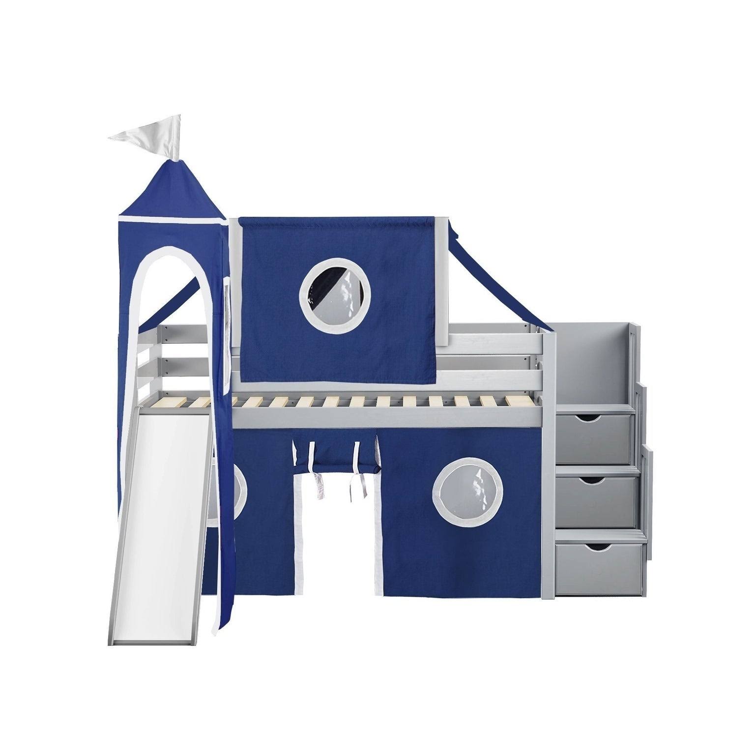 Jackpot Castle Low Loft Twin Stairway Bed with Slide Blue u0026 White Tent and Tower, Gray