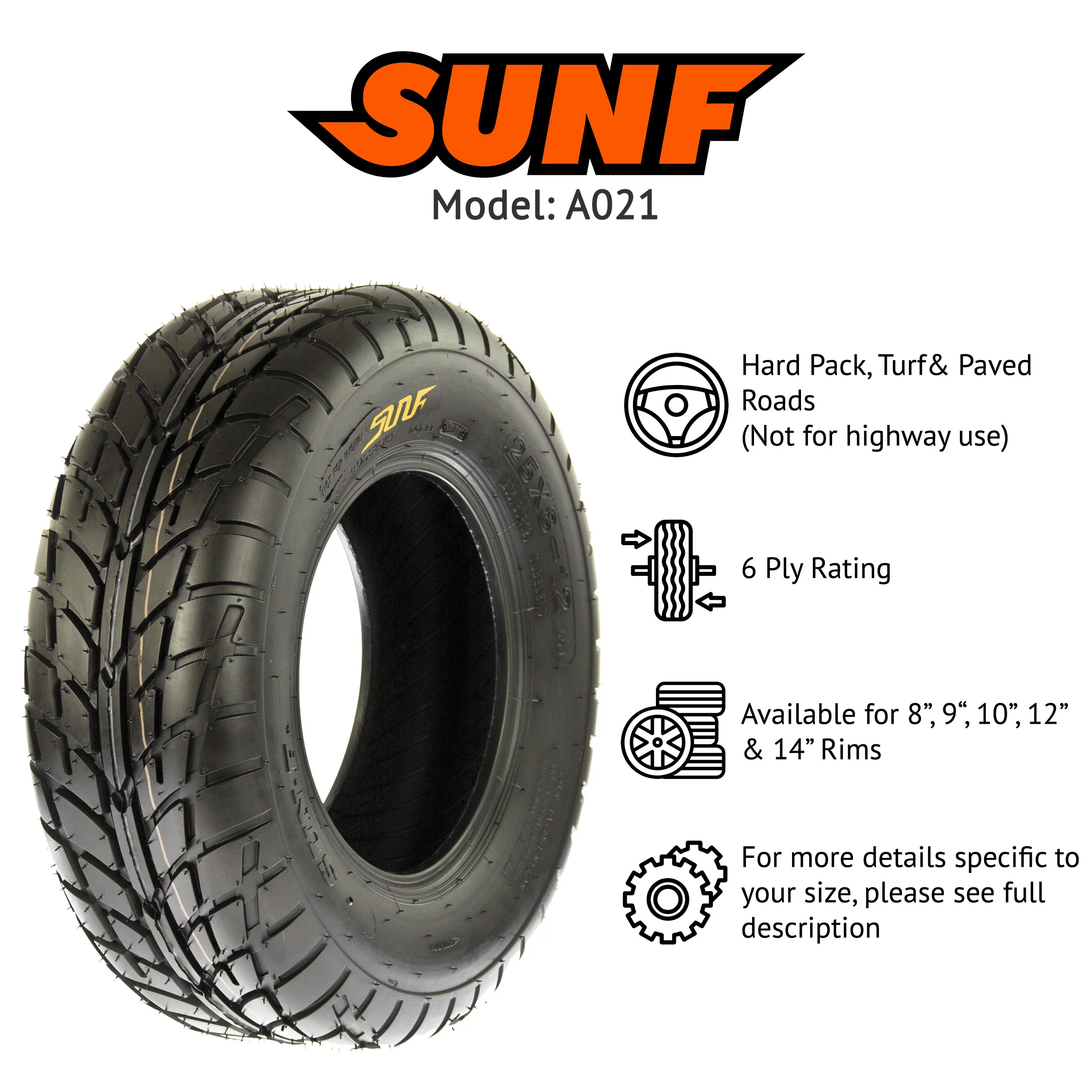 SunF All Terrain ATV UTV Sport Tires 25x8-12 25x8x12 6 PR A021 (Single)