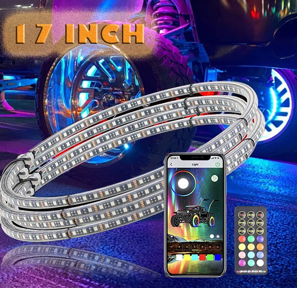 15.5IN RGB LED Wheel Light Kit-4PCS Single Row,Multicolor/waterproof,with Lock Function w/Turn Signal/Braking Functionand Can Controlled by Remote/app,Applicable to all trucks.SUVs