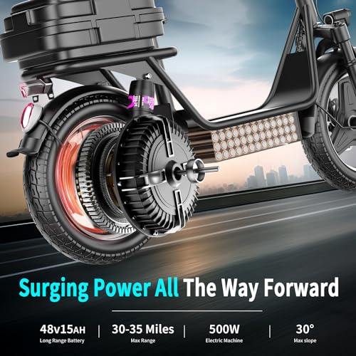 Electric Scooter with Seat for Adults, 500W Peak Motor Sit Down E Scooter with Basket/Box, 20-25 MPH and 20-30 Miles Long Range, 14" Pneumatic Tire, Ample Storage for Pet & Cargo