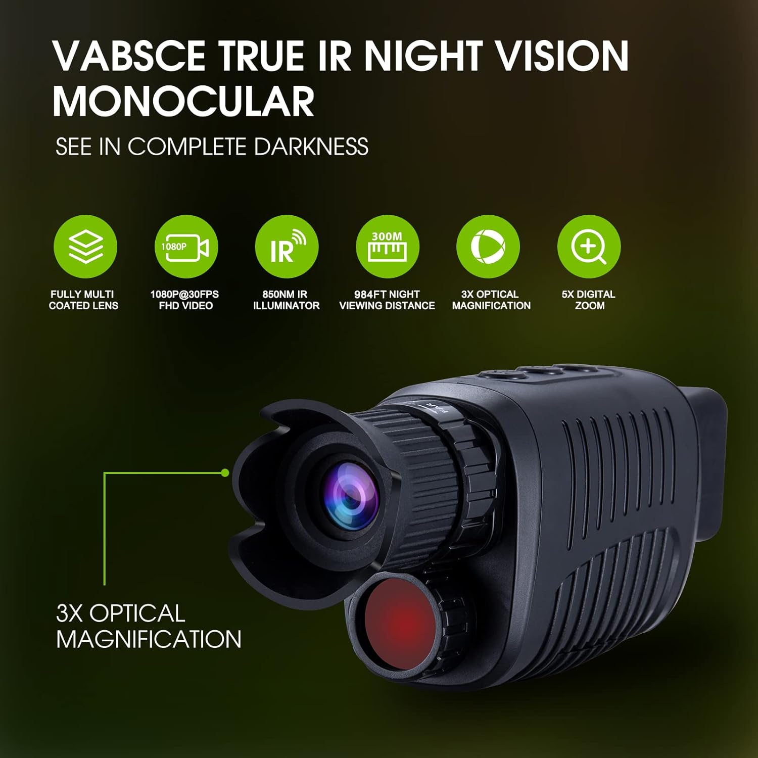 VABSCE Digital Night Vision Monocular for 100% Darkness, 1080p Full HD Video Long Distance Infrared Night Vision Goggles Binoculars for Hunting, Camping, Travel, Surveillance with 32 GB Micro SD Card