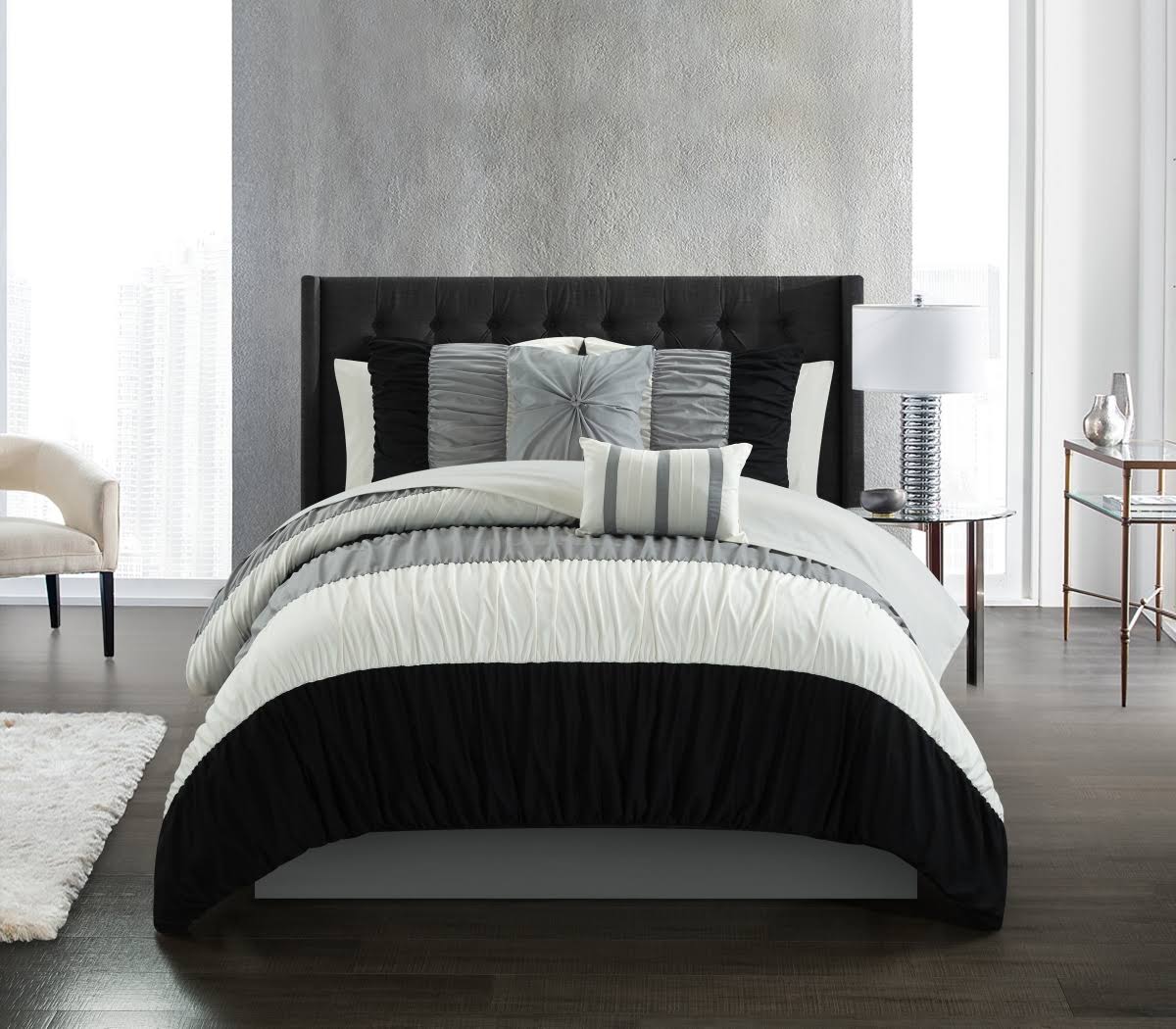 Chic Home Faye Ruched Color Block Bed in A Bag (7- or 9-Piece) Black Queen Other - Avayadevconnect