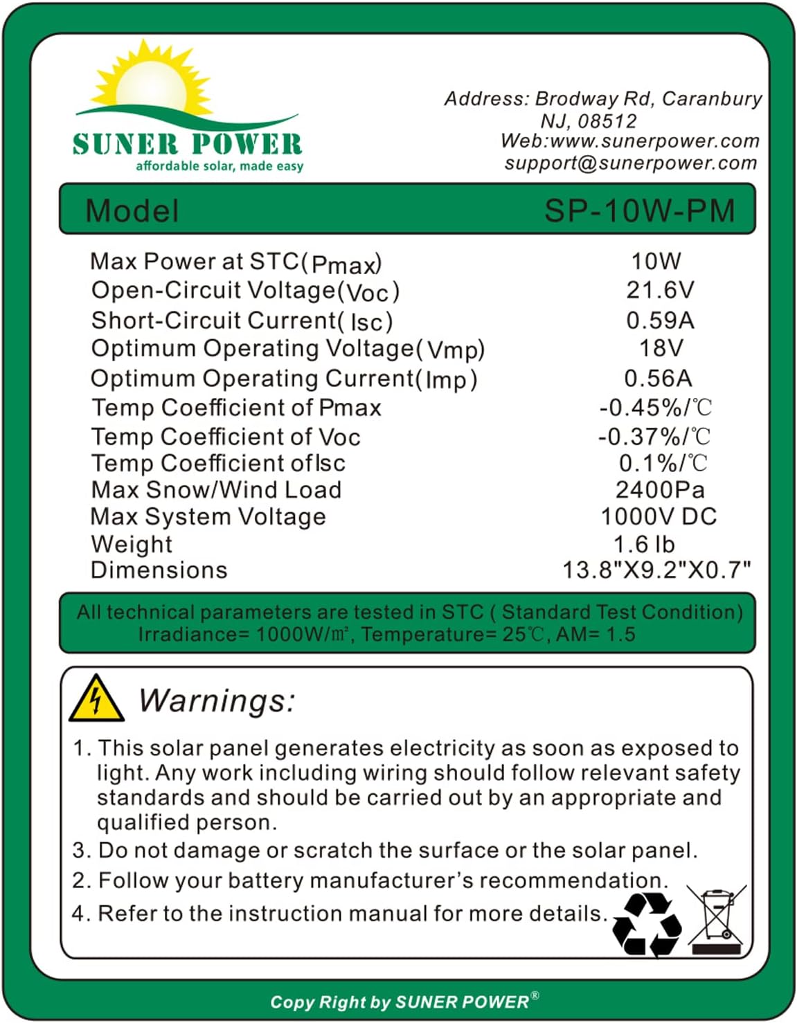 SUNER POWER 10 Watt Solar Panel Powered Charger Kit + + Tubular Mount Bracket for Automatic Gate Opener, Electrical Fence, etc