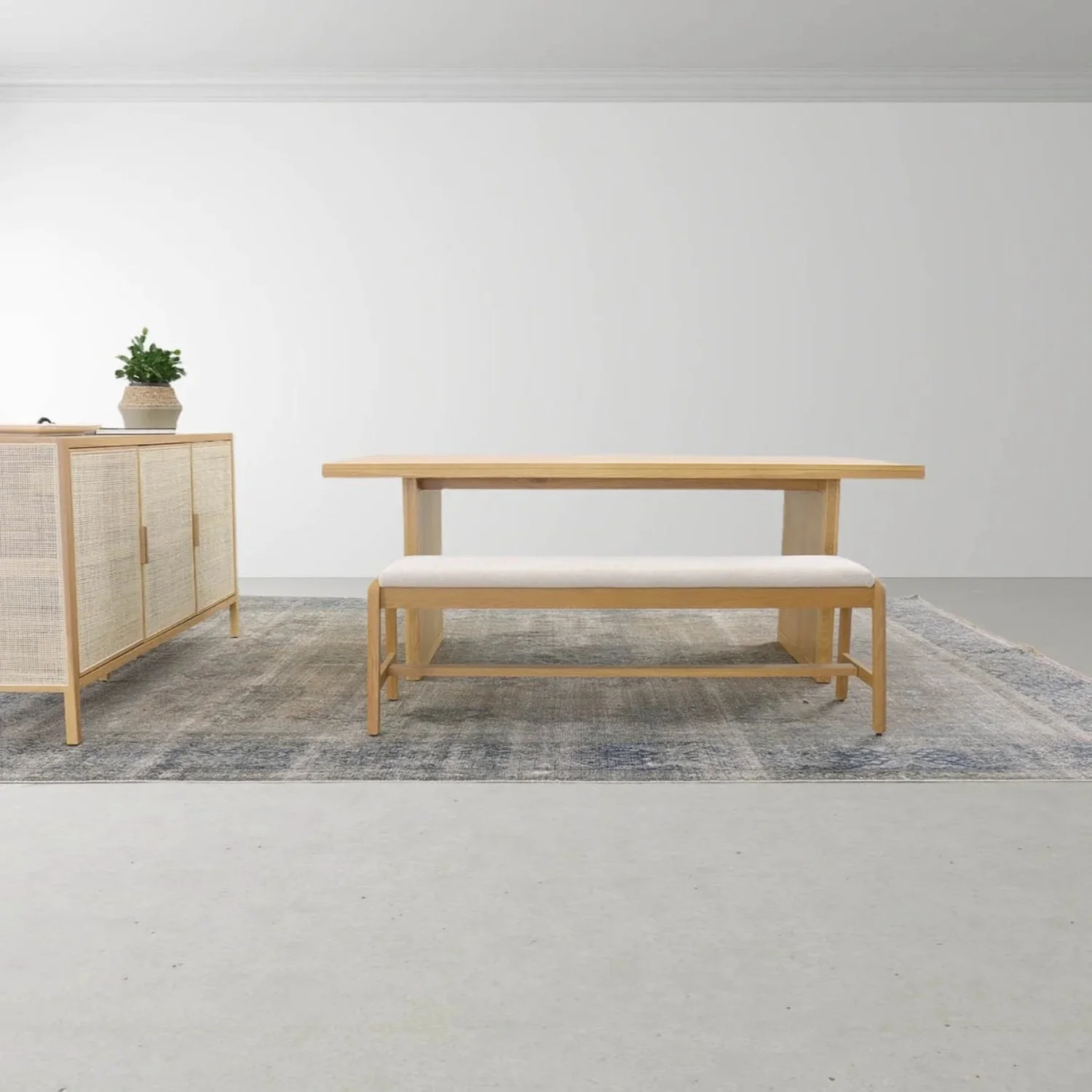 Rattan Natural Oak Wood Dining Table for 6 People