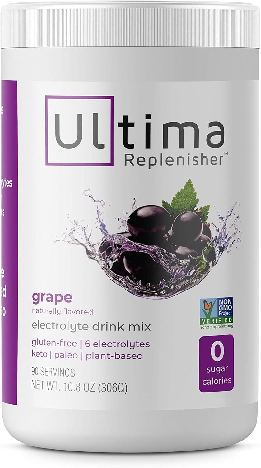 Ultima Replenisher Electrolyte Hydration Powder, Grape, 90 Serving Canister - Sugar Free, 0 Calories, 0 Carbs - Gluten-Free, Keto, Non-GMO with Magnesium, Potassium, Calcium