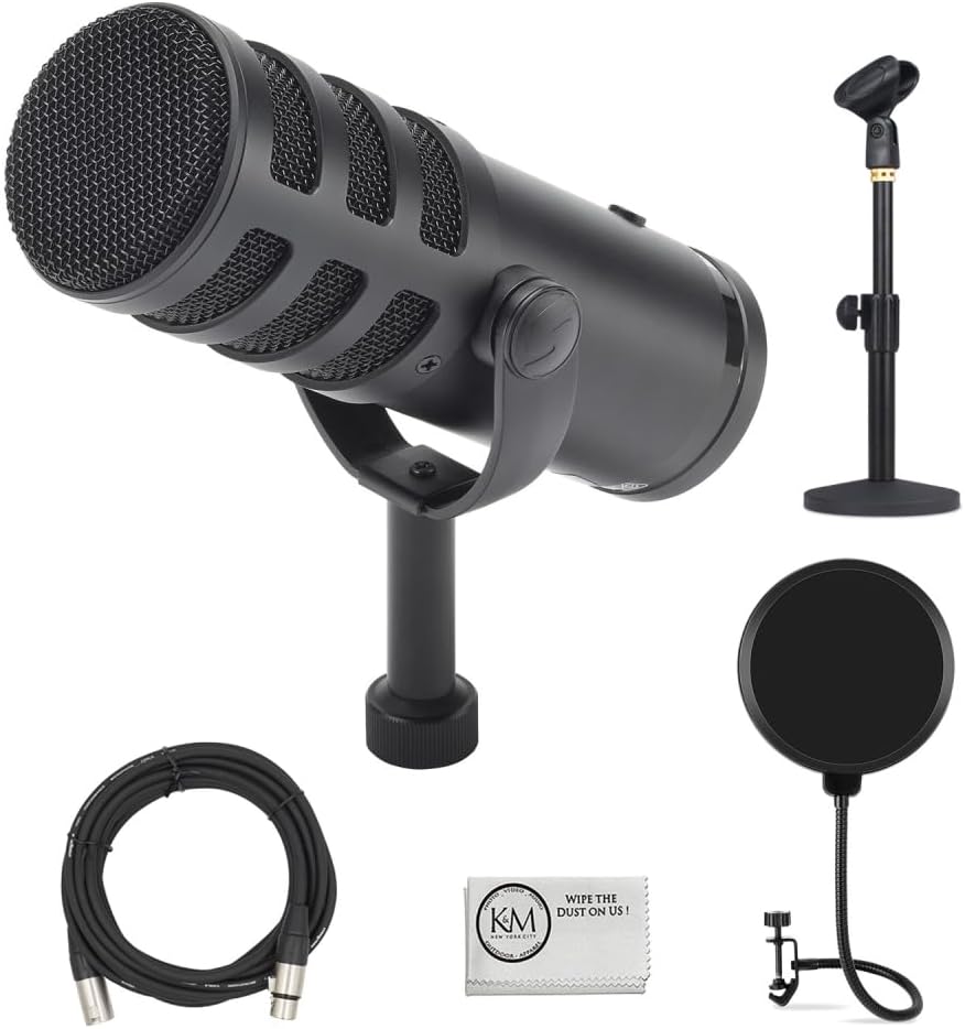 Samson Q9U XLR/USB Dynamic Broadcast Microphone Bundled with Mic Table Stand + Wind Screen Pop Filter + XLR Cable + Cleaning Cloth (5 Items)