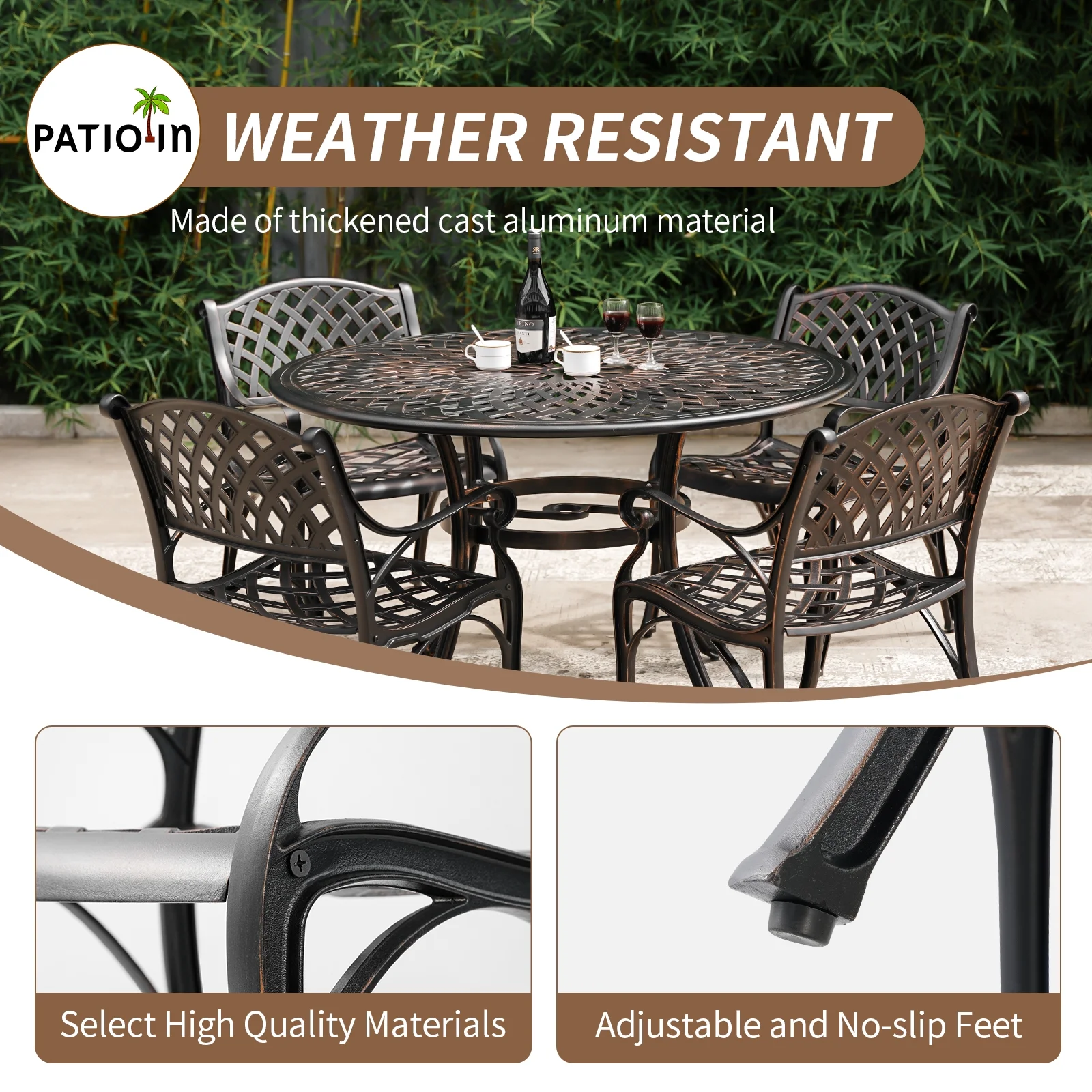 PATIO-IN 5 Piece Outdoor Patio Dining Sets Cast Aluminum Bistro Round Table and Chair Set with Umbrella Hole,Patio Furniture Set for Garden,Bronze