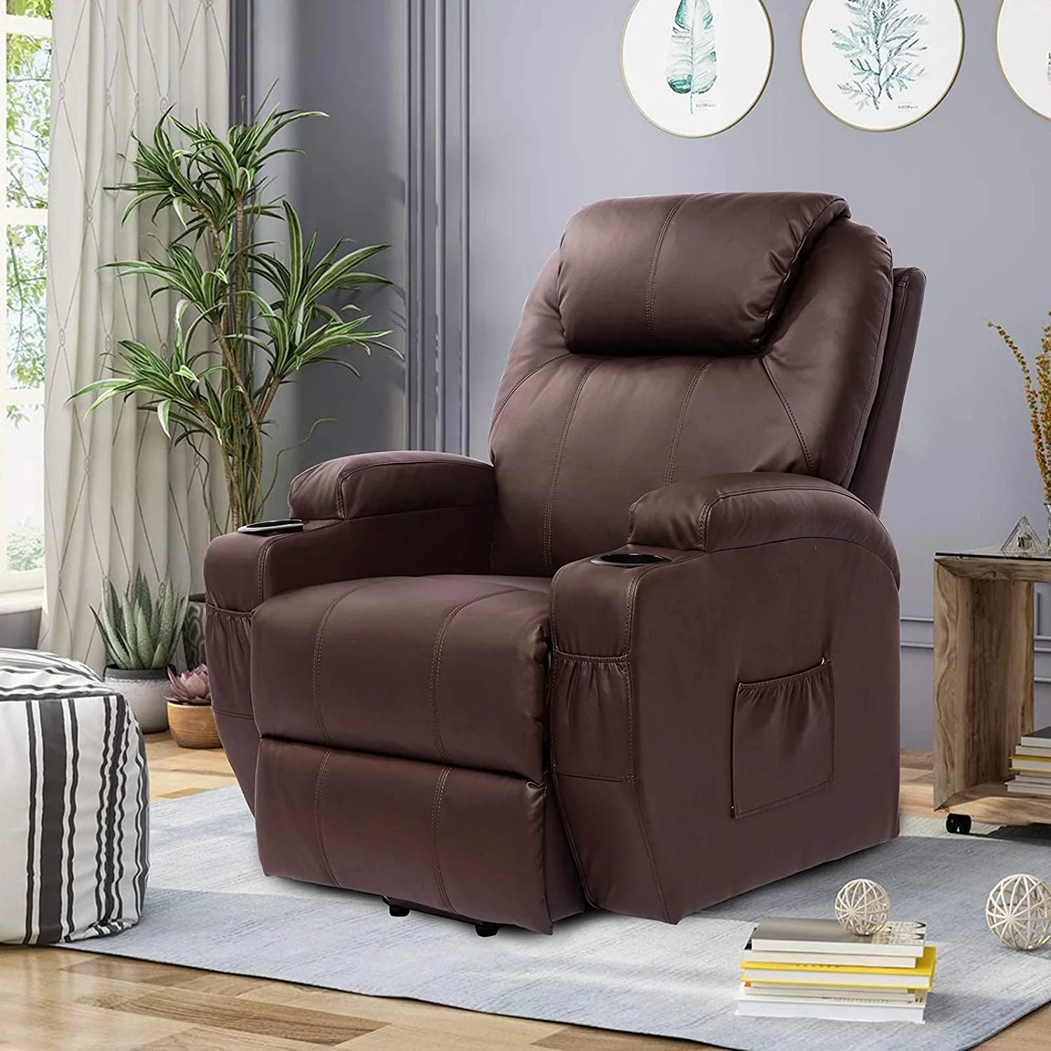 Polar Aurora Living Room Power Lift Massage Recliner Chair for Elderly PU Leather Heated Recliner Ergonomic Lounge Vibratory Massage Function with Cup Holders/Heating/Remote Control