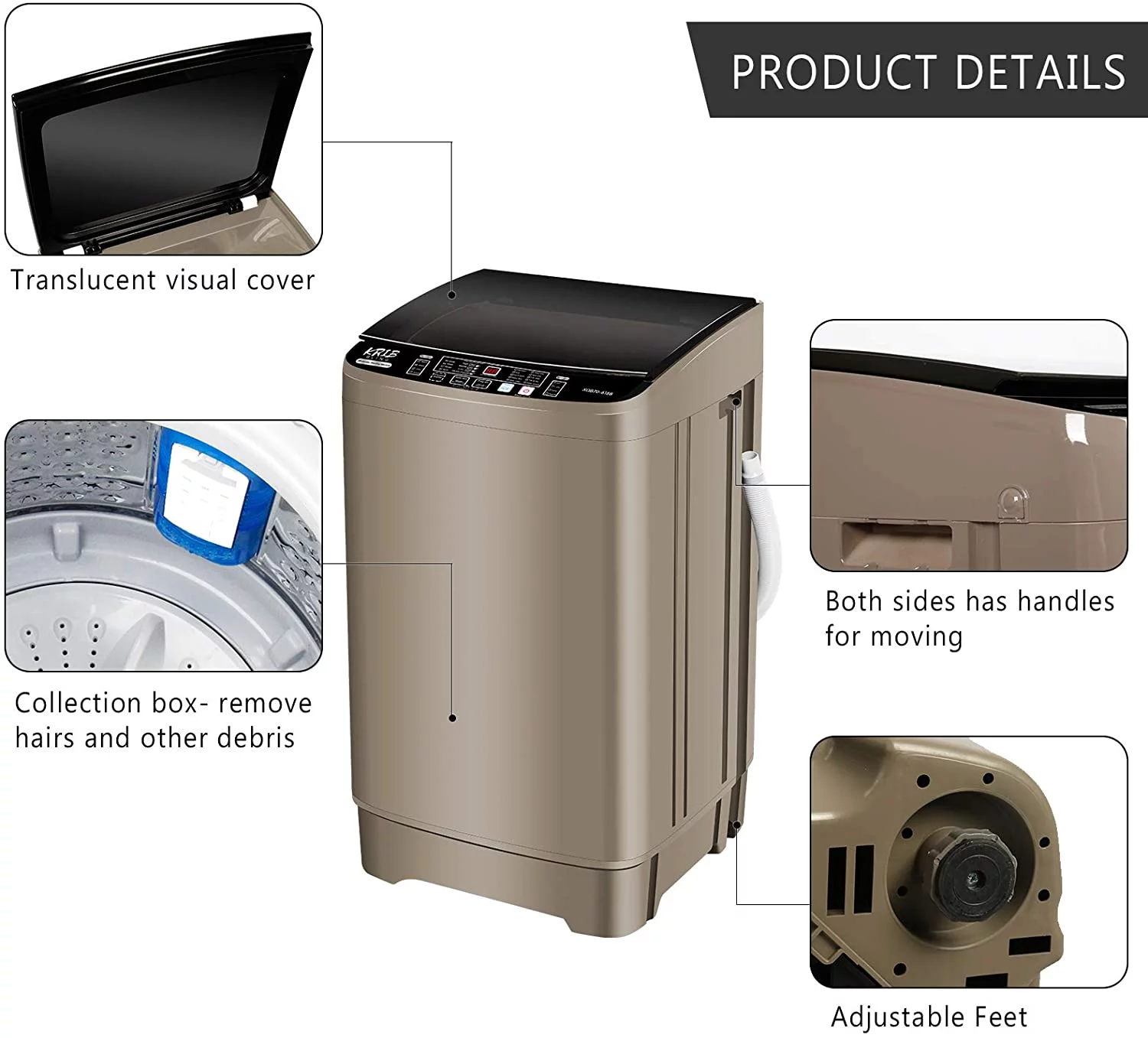 Full-Automatic Washing Machine 15.6 lbs Krib Bling Portable Compact Laundry Washer with Drain Pump