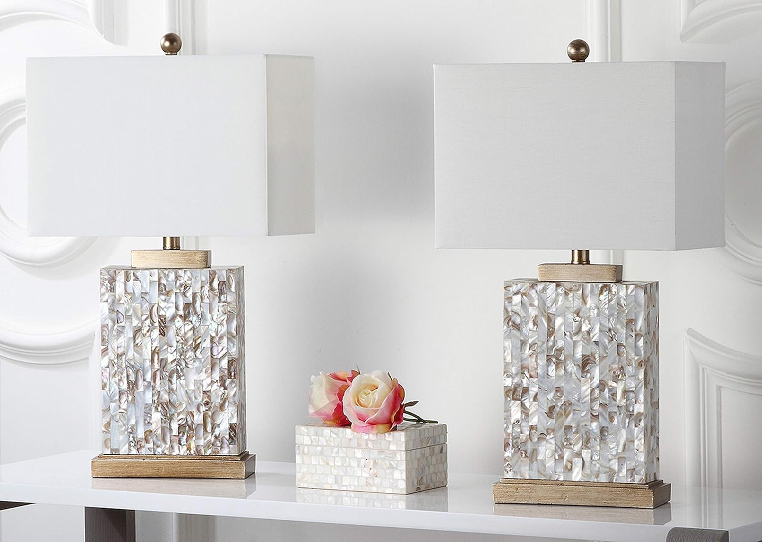 Safavieh Lighting Collection Tory Nautical Ivory Shell 25-inch Bedroom Living Room Home Office Desk Nightstand Table Lamp (Set of 2) - LED Bulbs Included