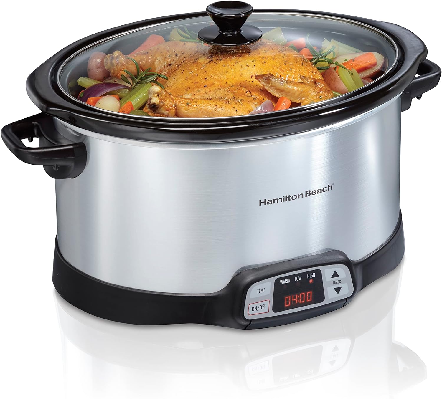 Hamilton Beach Sear & Cook Stock Pot Slow Cooker with Stovetop Safe Crock, Large 10 Quart Capacity, Programmable, Silver (33196) & 8 Quart Programmable Slow Cooker, Silver (33480)