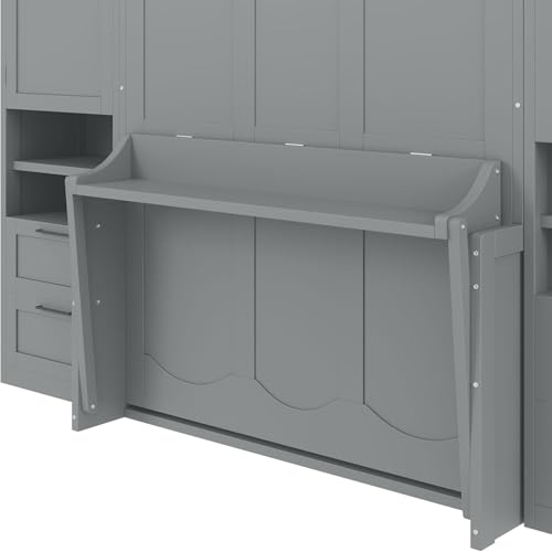 MERITLINE Full Murphy Bed with Desk and Storage 2 Closet,Drawers&Shelves, Wood Folding Murphy Wall Bed Cabinet for Adults (Full,White with Drawers)