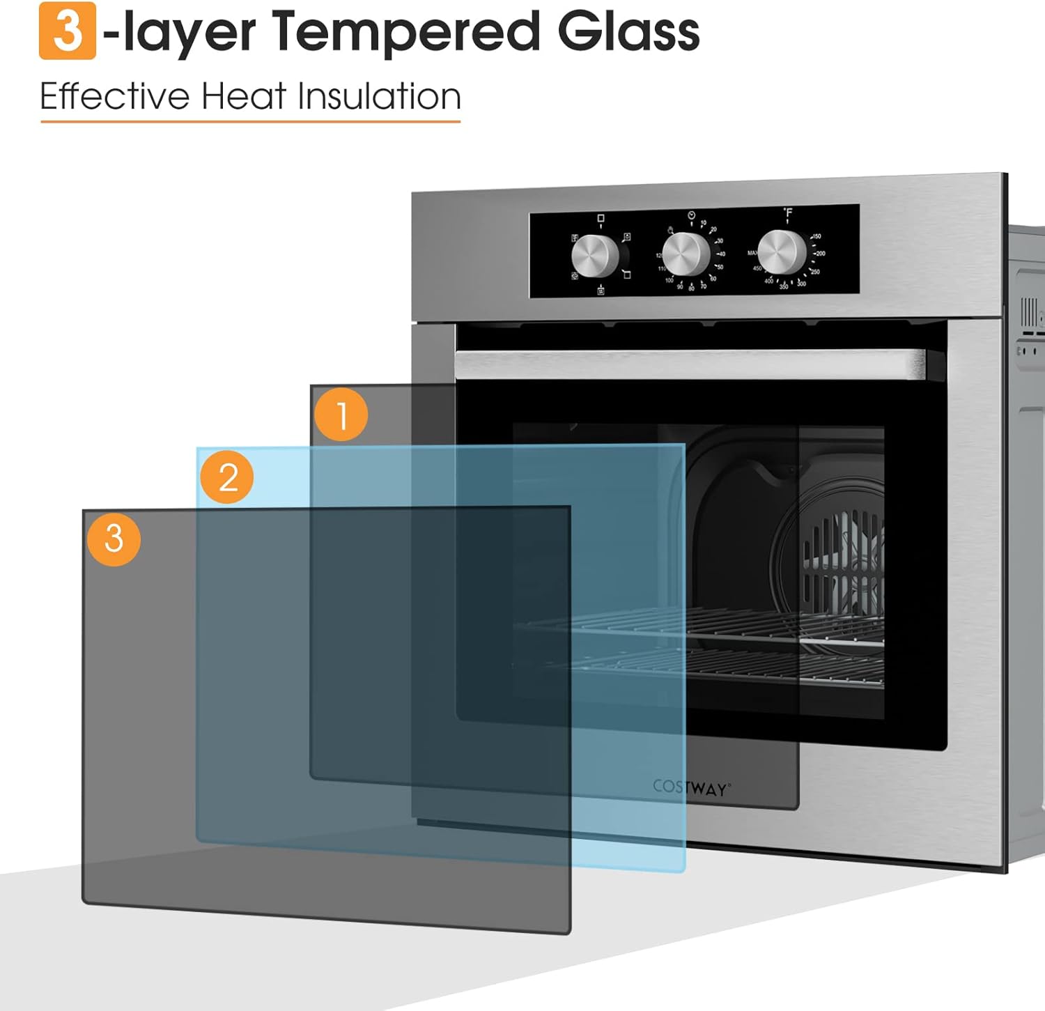 COSTWAY 24" Single Wall Oven, Electric Built-in Wall Oven with 2.47 Cu. Ft. Capacity, 5 Cooking Functions, 360° Rotisserie and Timer, 2300W Built-in Oven in Stainless Steel with Mechanical Knobs