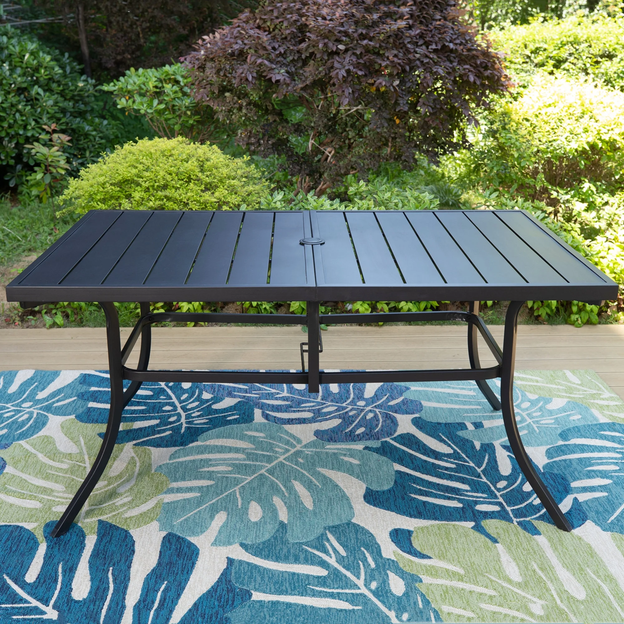 MF Studio 7-Piece Outdoor Dining Set with 6 Swivel Cushioned Chairs & Rectangular Table for 6-Person, All-Weather Metal Steel Furniture,  Black & Beige