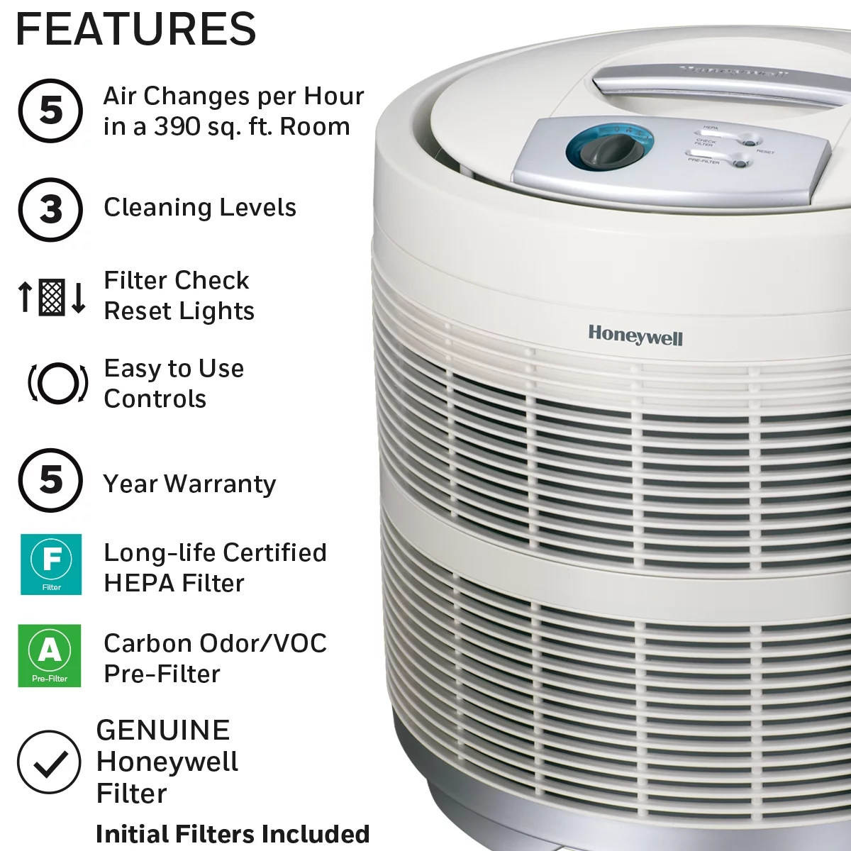 Honeywell Air Purifier, 50250-S, 390 sq ft, HEPA Filter, Allergen, Smoke, Pollen, Dust Reducer
