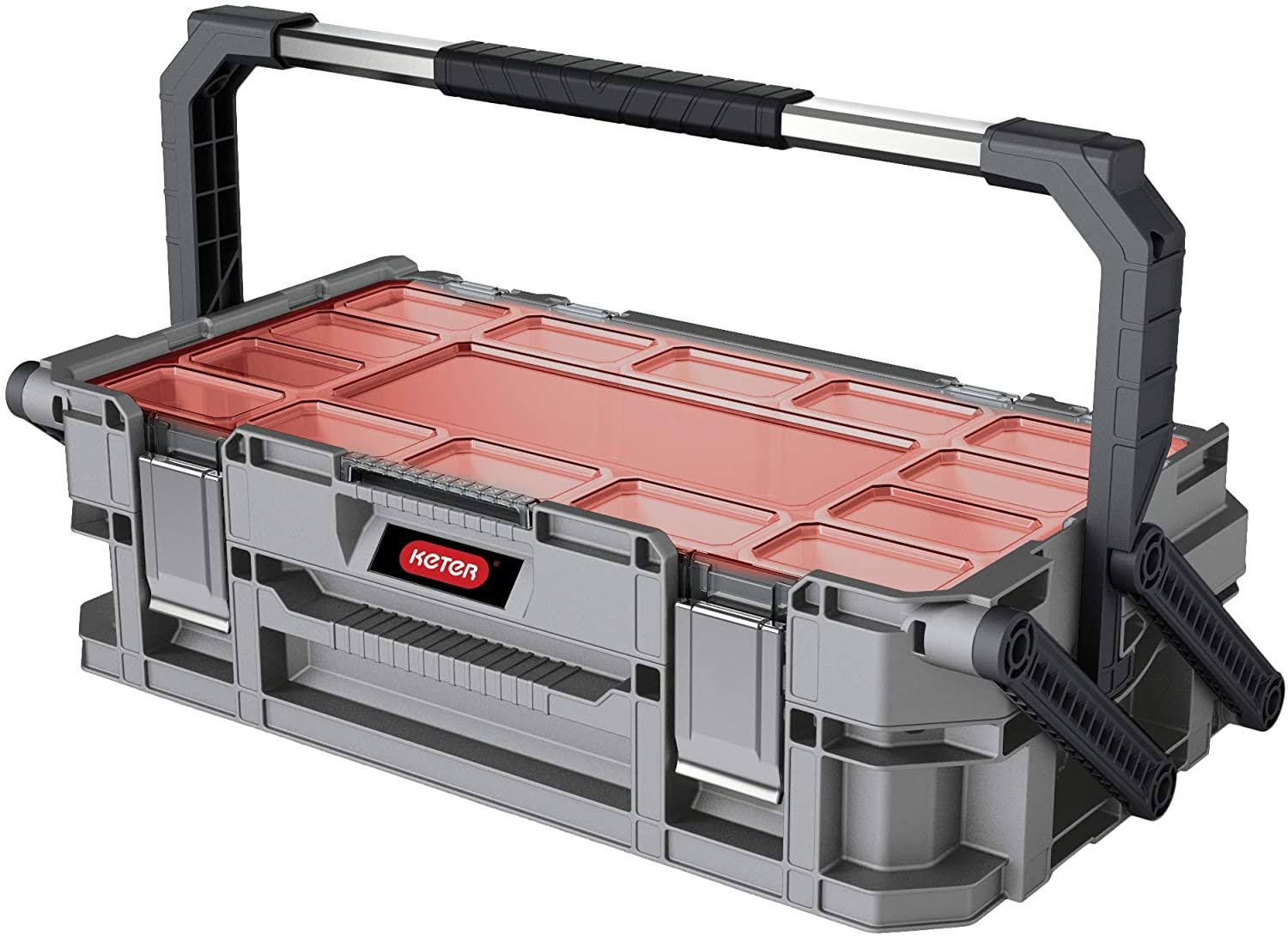 Keter Cantilever Connect Tool Box - Large 2 Tier Tool Box to Store Your Tools - 2 Feet Holder - 11 Removable Compartments - Meta
