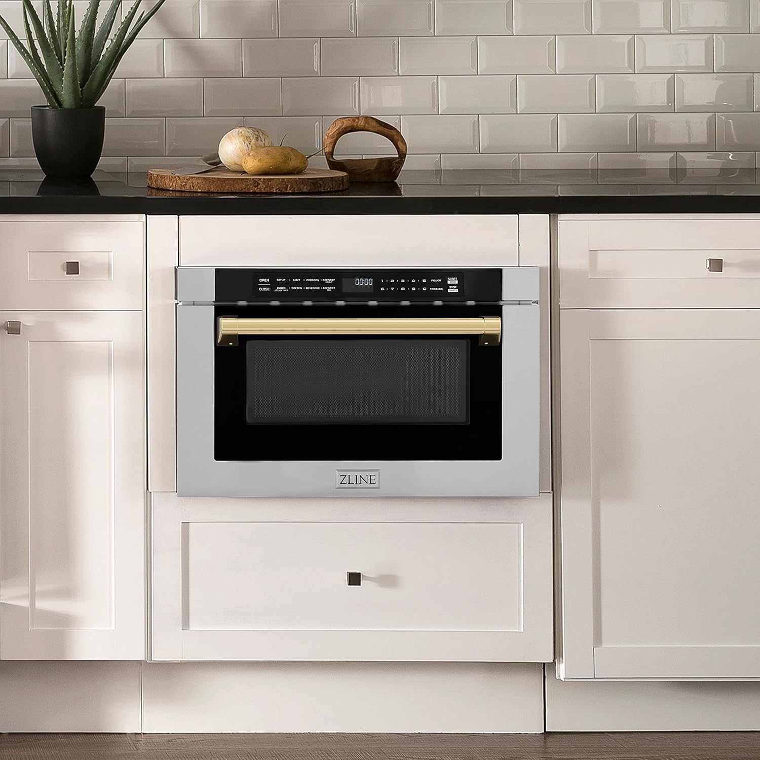 ZLINE Autograph Edition 24" 1.2 cu. ft. Built-in Microwave Drawer with a Traditional Handle in Stainless Steel and Gold Accents