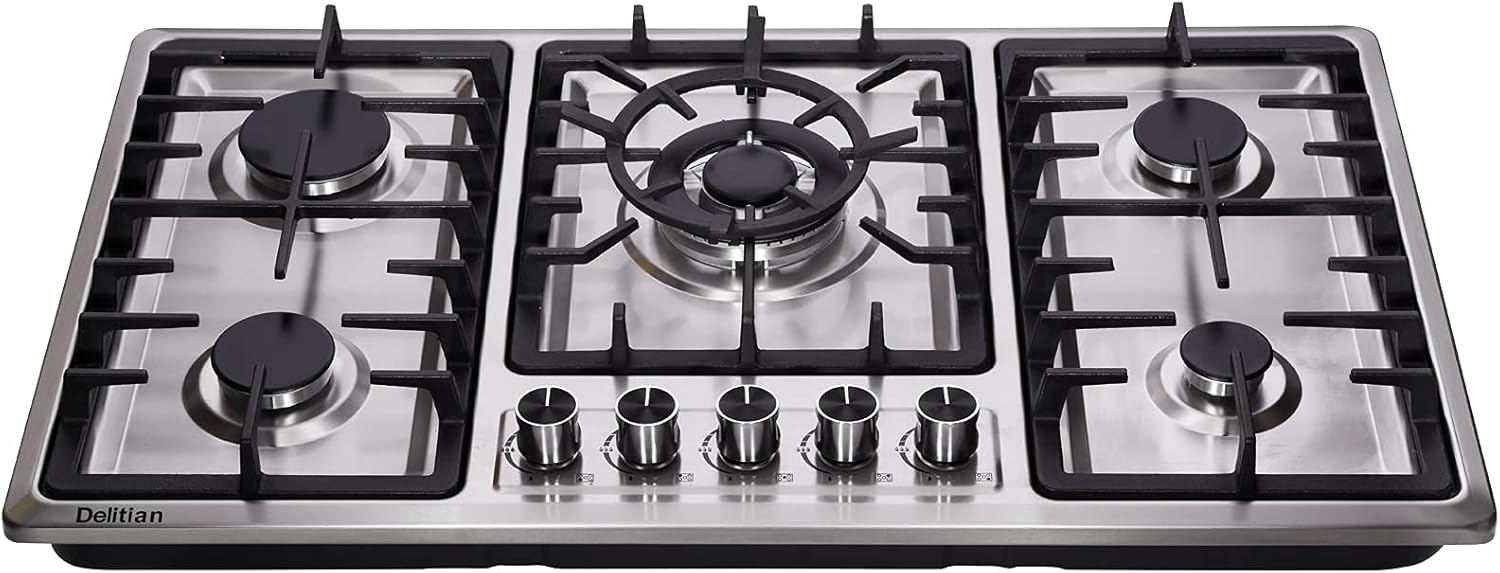 34 Inch Gas Cooktop DT5809 Stainless Steel 5 Burners Gas Cooktop LPG/NG Convertible Gas Stovetop Thermocouple Protection Gas Cooktop