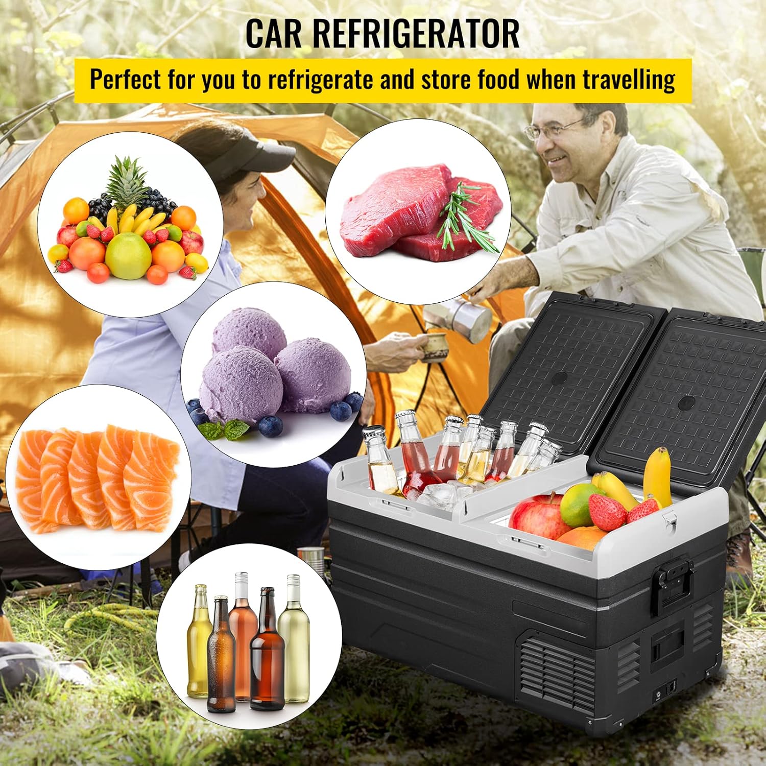 VEVOR 12 Volt Refrigerator 48Qt, Dual Zone Car Fridge Freezer w/App Control & Wheels 12/24V DC & 110-240V AC Electric Compressor Cooler for Truck Vehicle RV Boat Outdoor & Home Use, -4℉-68℉ Black