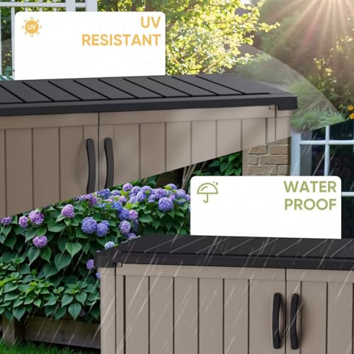 Devoko Outdoor Storage Cabinet 26 Cu Ft with Lockable Doors, Horizontal Storage Shed Waterproof Patio Tools Storage Box for Sofa Cushions, Gardening Tools and Accessories (White)