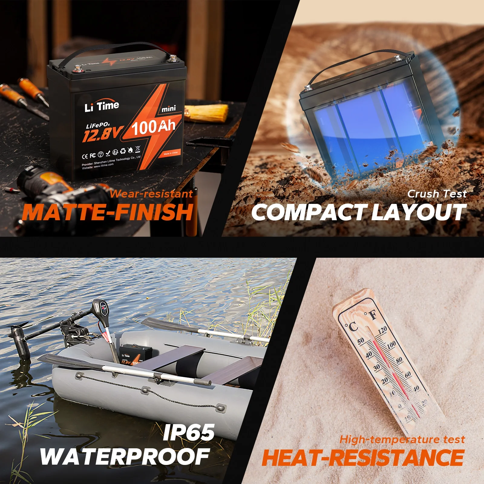 LiTime 12V 100Ah MINI LiFePO4 Lithium Battery, Upgraded Max. 1280Wh Energy Small Size LiFePO4 Battery with Upgraded 100A BMS for RV, Camper, Solar, Trolling Motor