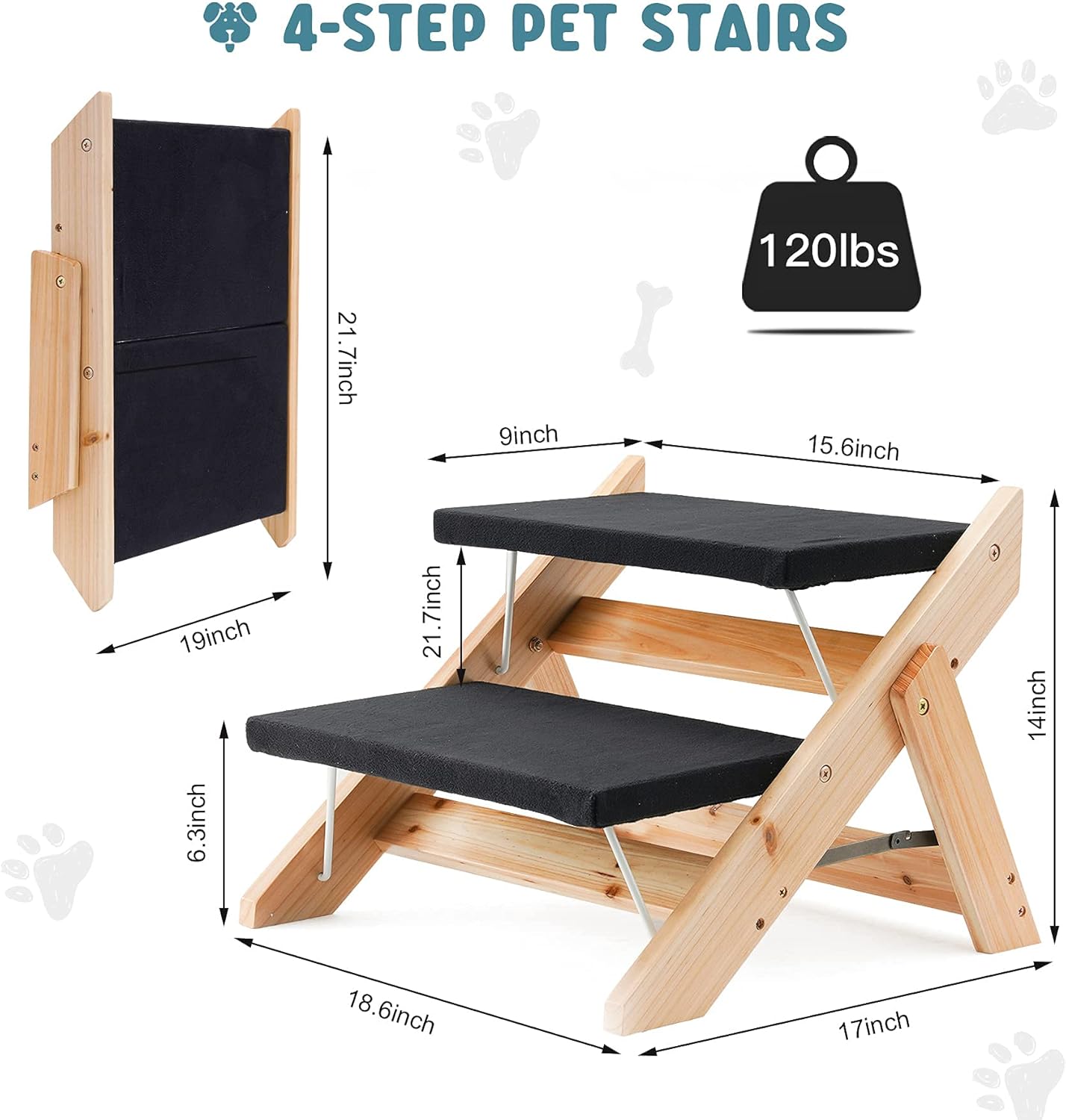 Kerrogee 2-in-1 Dog Pet Stairs, Foldable Pet Ramp with 2 Levels,Wooden Pet Steps for Small to Large Dogs,Pet Ladder for Car,High Bed and Couch,Easy Storage