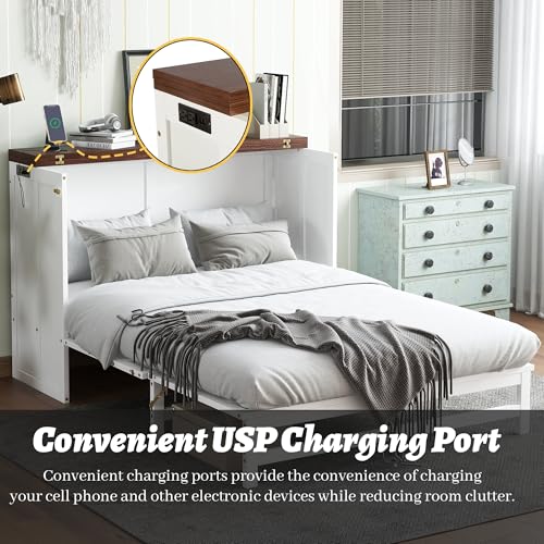 Queen Murphy Bed Cabinet, Murphy Bed Queen with Storage Drawer & Charging Station, USB Port, Solid Pine Wall Beds for Home Office, Studio or Guest Room, White