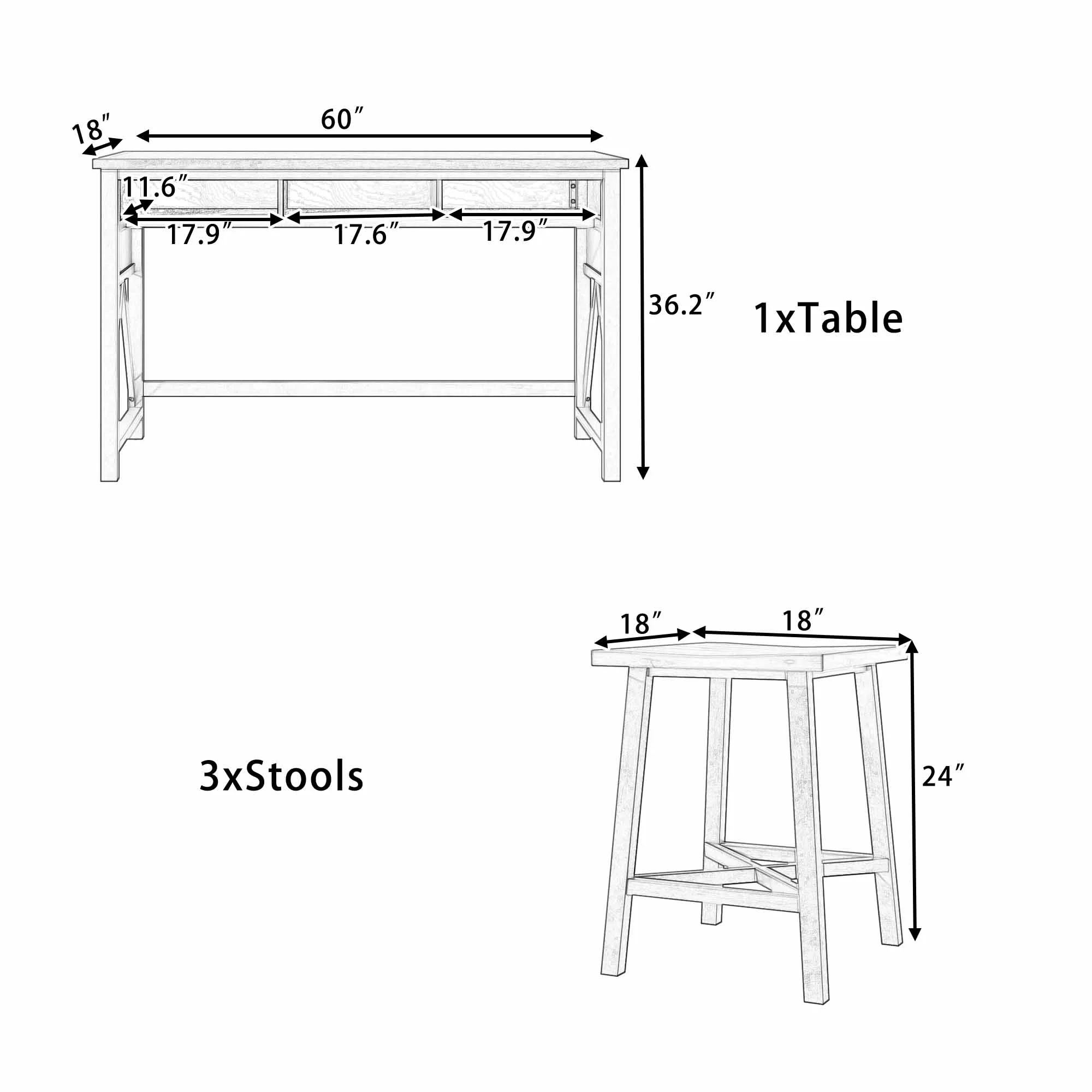 4-Piece Bar Table with Stools, Farmhouse Pub Table Set, Counter Height Dining Table Set with Functional Storage, 60” Kitchen Bar Table with 3 Stools for Small Space, White